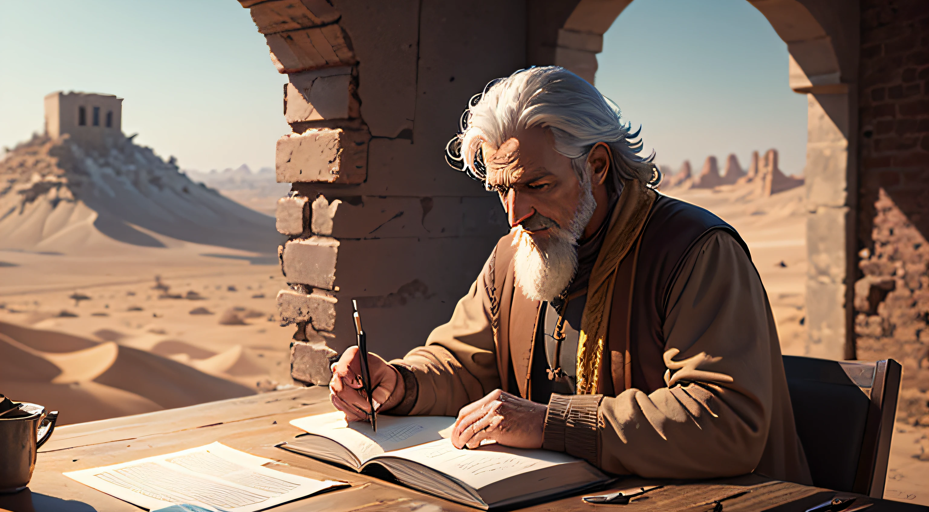 a middle-aged prophet writing a book in a ruin in the middle of the desert, in front view, he is writing with a feather, he does not wear glasses, bible period scenario, ultra HD, maximum quality, 8k, mega detailed --auto