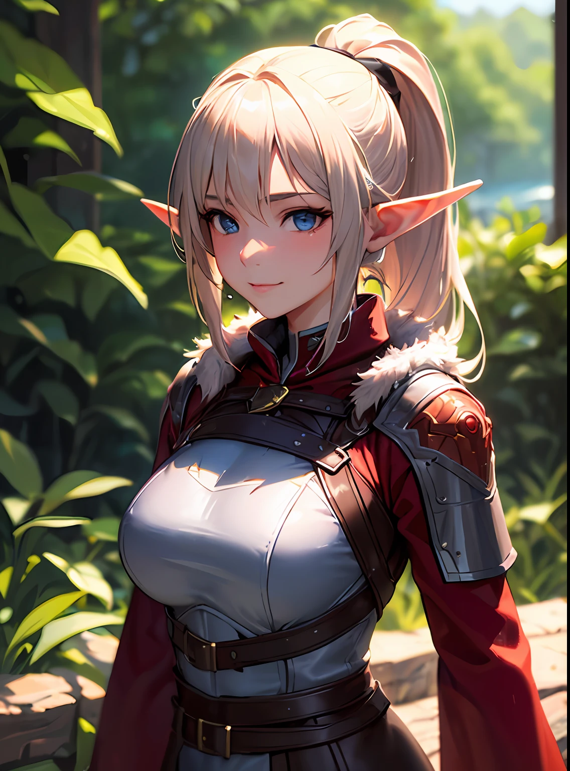 SFW (masterpiece, best quality,4k) a youthful adult woman with very long platinum blonde hair (ponytail), aqua blue eyes, elf ears, (sexy face), exploring a forest, coastline, sea, medieval clothes, (red robes), (white furs), (black leather armor, breastplate), (belts, pouches, harness), rogue, scout, mage, ranger, ((big breasts)), ((slim)), small smile, head-to-waist portrait, cinematics, color oil painting, cinematic lighting, extremely detailed face, finely detailed face, beautiful face, beautiful eyes, perfect lighting, depth of field, (realistic proportions), (good anatomy), (solo), (1girl)
