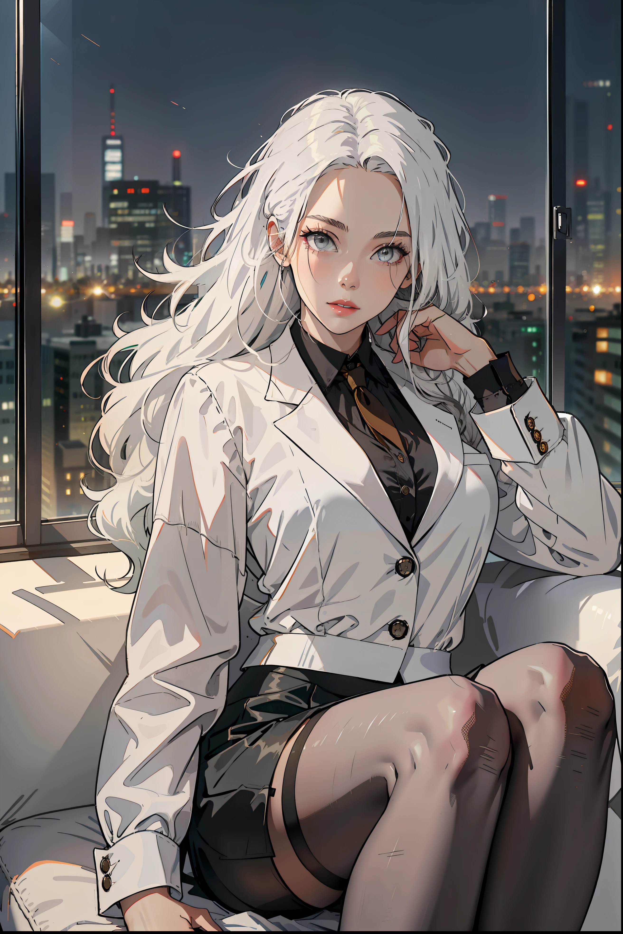 Woman wearing business outfit, formal blazer, white blouse, black high waist business skirt, black sheer pantyhose, beautiful, masterpiece, best quality, extremely detailed face, perfect lighting, nice hands, perfect hands, (white hair:1.2), long hair, (grey eyes:1.2), slender build, long legs, thin, medium breasts, business woman, ceo, sitting in luxurious black leather office chair, giant modern window with view of nighttime city skyline in background