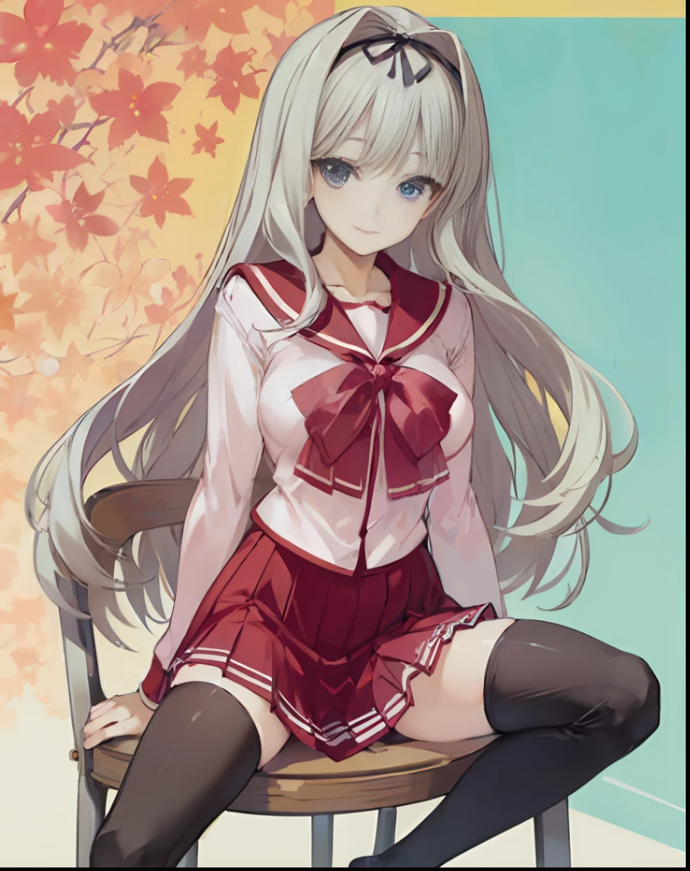 Black-thigh-highs, big, long distance, sitting on a chair, spreading legs, laughing, arms on hips, sideways, long blonde waves, dressed in pink sailor suit, red collar and red miniskirt, delicate face high school girl with red ribbon. Anime-style illustrations.