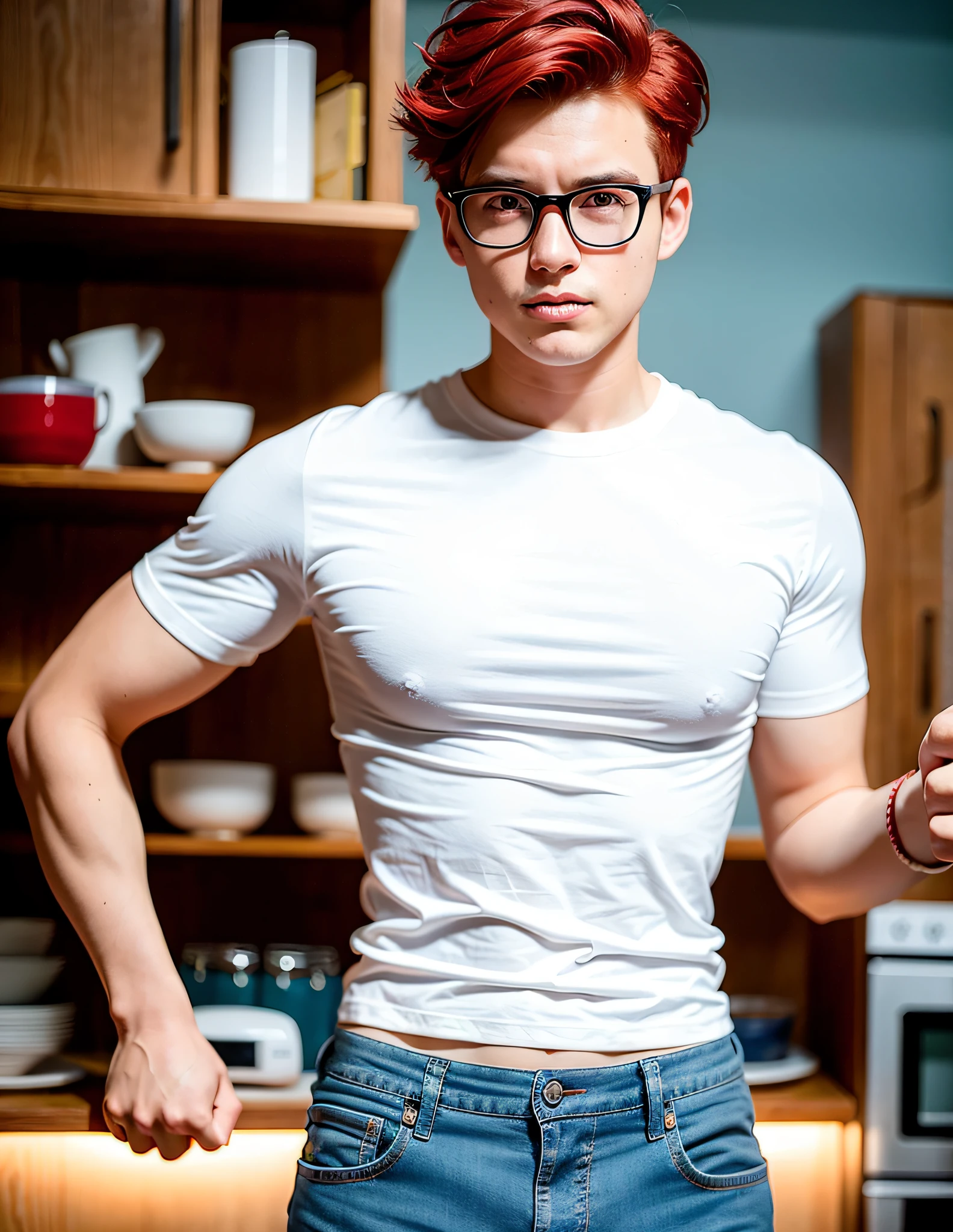 Young man wearing thin-framed round glasses, red hair, wearing short white T-shirt with large breasts and showing, blue jeans. Themed kitchen background with lots of birthday cakes. ultra realistic model.