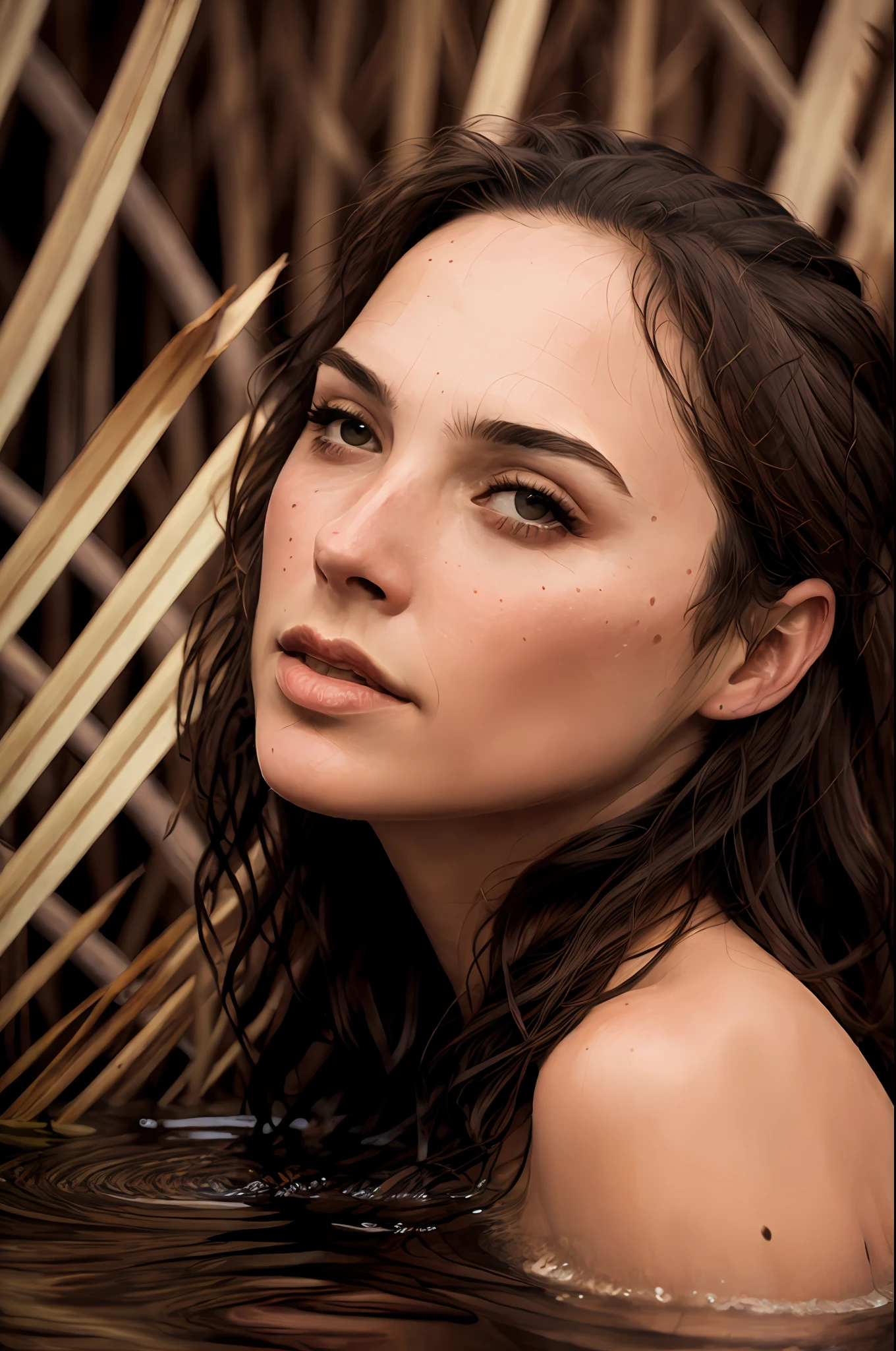 close up portrait of a cute woman (gldot) bathing in a river, reeds, (backlighting), realistic, masterpiece, highest quality, lens flare, shade, bloom, [[chromatic aberration]], by Jeremy Lipking, by Antonio J. Manzanedo, digital painting,