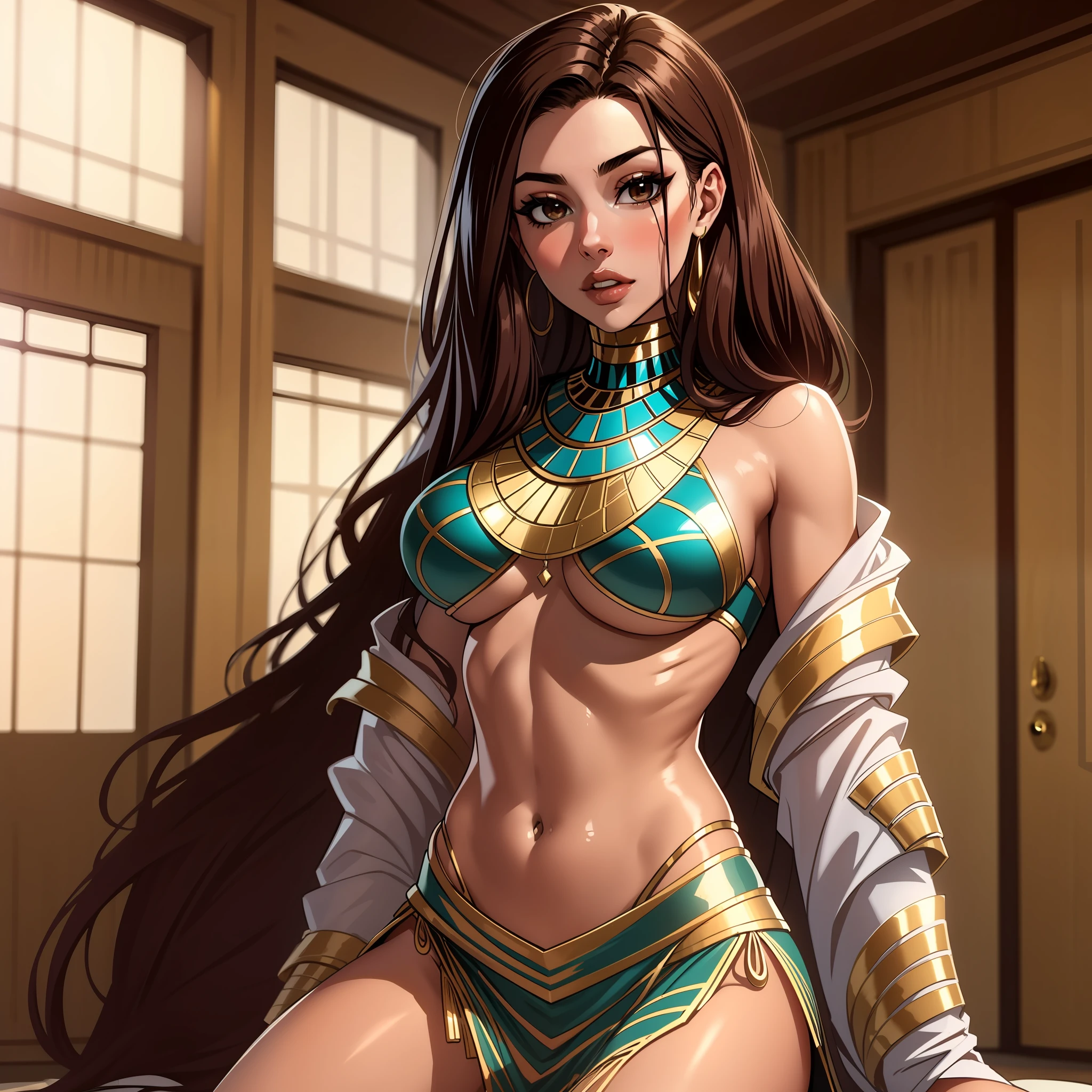 Hot woman, long hair, dressed in egyptian clothes,sexy, inside the room, brown hair, brown eyes