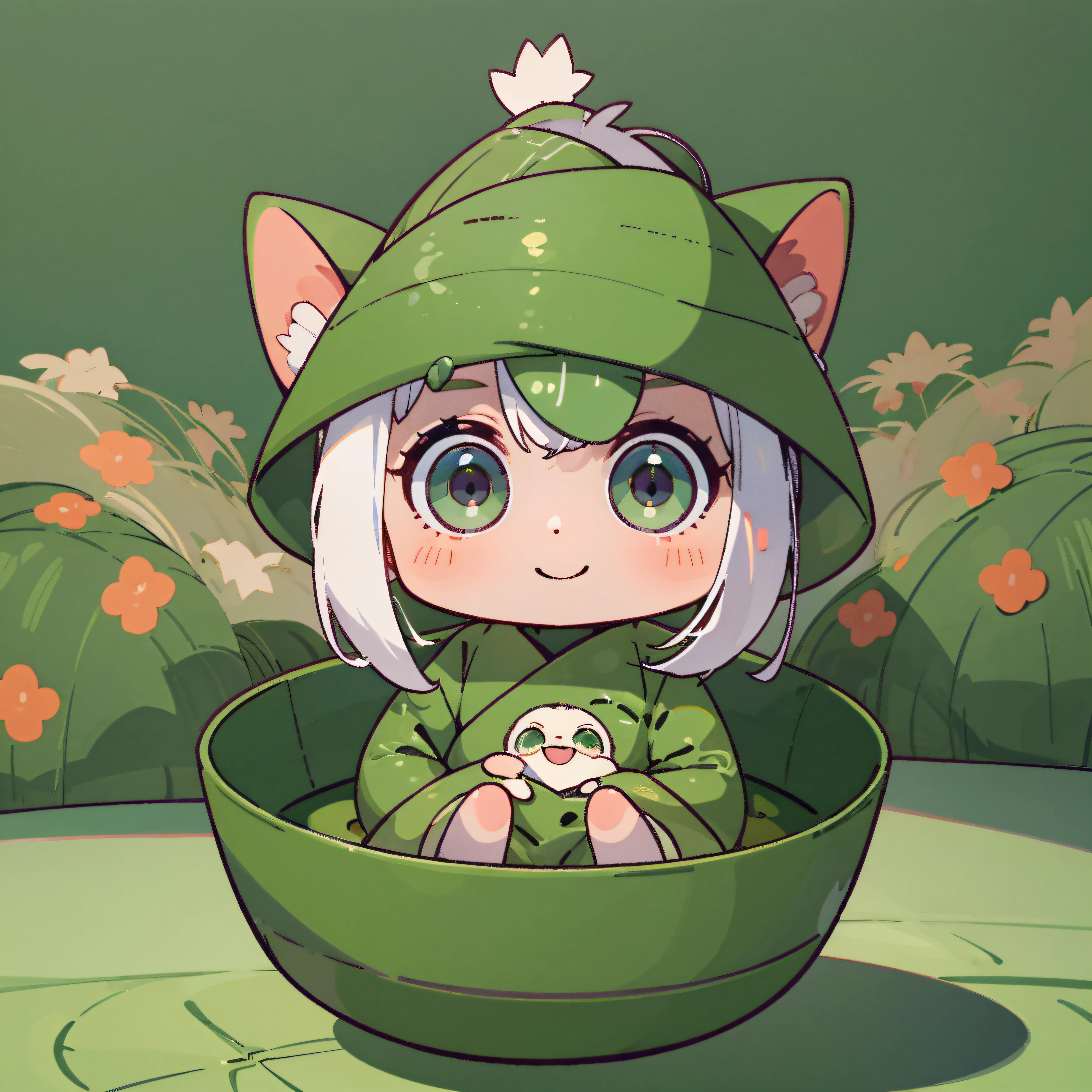 (a small doll with a green triangular hat), (sitting inside a large bowl), cute 3 d render, cute detailed digital art, cute digital art, cute cartoon character, adorable digital painting, cute! c4d, cute character, pop japonisme 3D, (white background), ultra detailed, by Yu Zhiding, 3d model of a japanese mascot, nendoroid 3d, cute forest creature