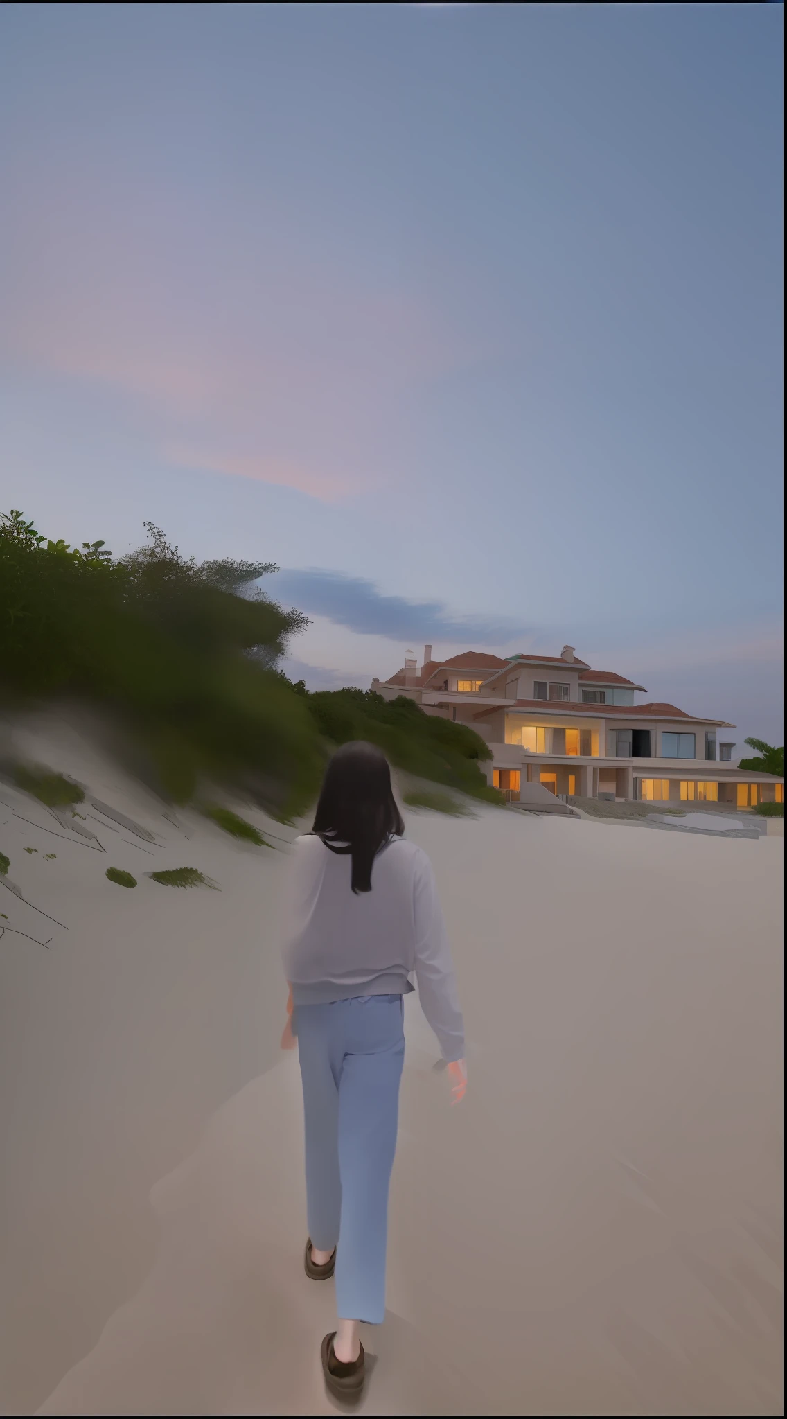 Evening sky, sunset, Residential area, 3 level house, beach