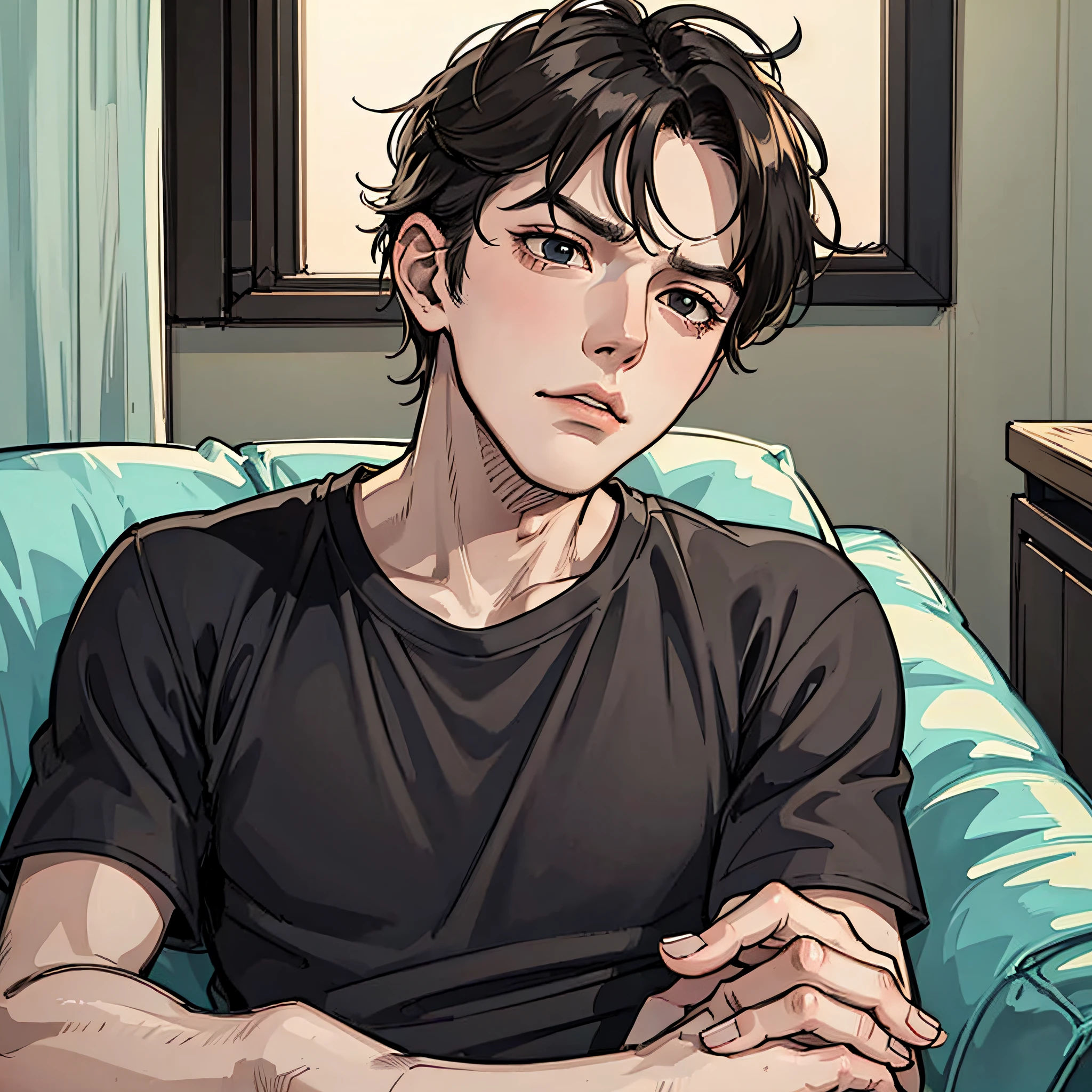 A young man in black short sleeves, with a cold expression, slumped on the sofa, looked up at the camera, and was in the room