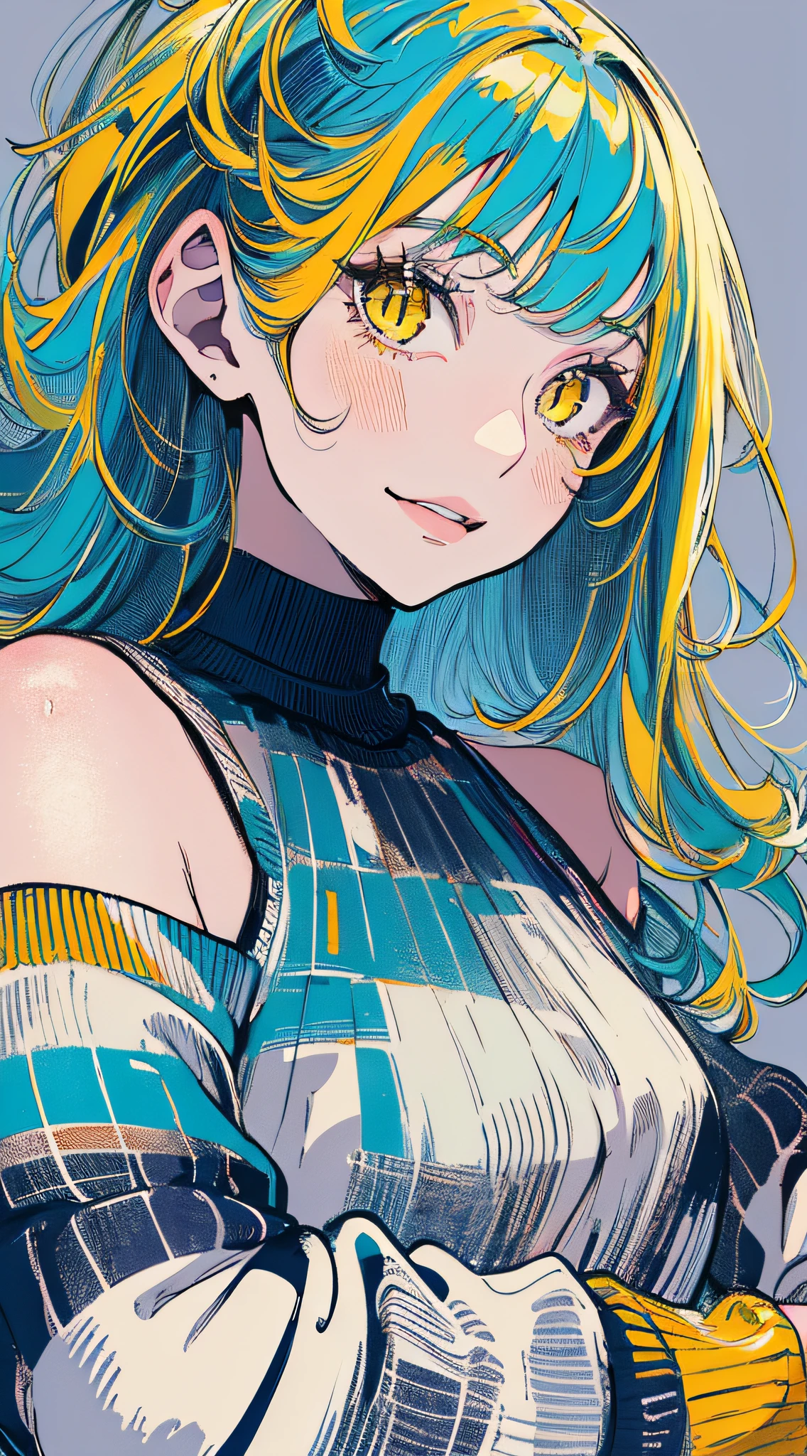 (masterpiece, top quality, best quality, official art, beautiful and aesthetic:1.2),
cateyes,1girl, solo, long hair, sweater, smile, yellow eyes, looking at viewer, blue hair, grey background, off shoulder, upper body, bare shoulders,
extreme detailed,highest detailed, optical mixing, playful patterns, lively texture, unique visual effect