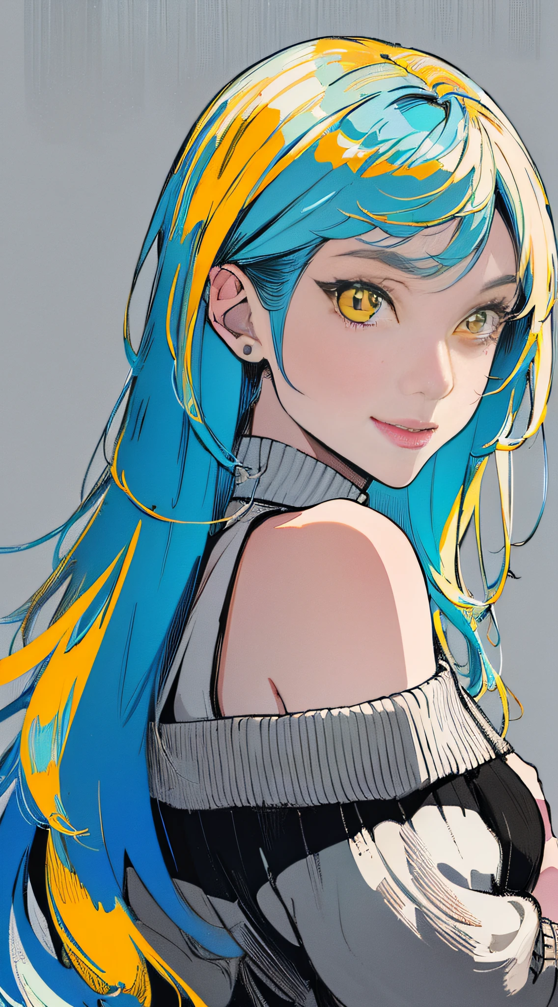 (masterpiece, top quality, best quality, official art, beautiful and aesthetic:1.2),
cateyes,1girl, solo, long hair, sweater, smile, yellow eyes, looking at viewer, blue hair, grey background, off shoulder, upper body, bare shoulders,
extreme detailed,highest detailed, optical mixing, playful patterns, lively texture, unique visual effect