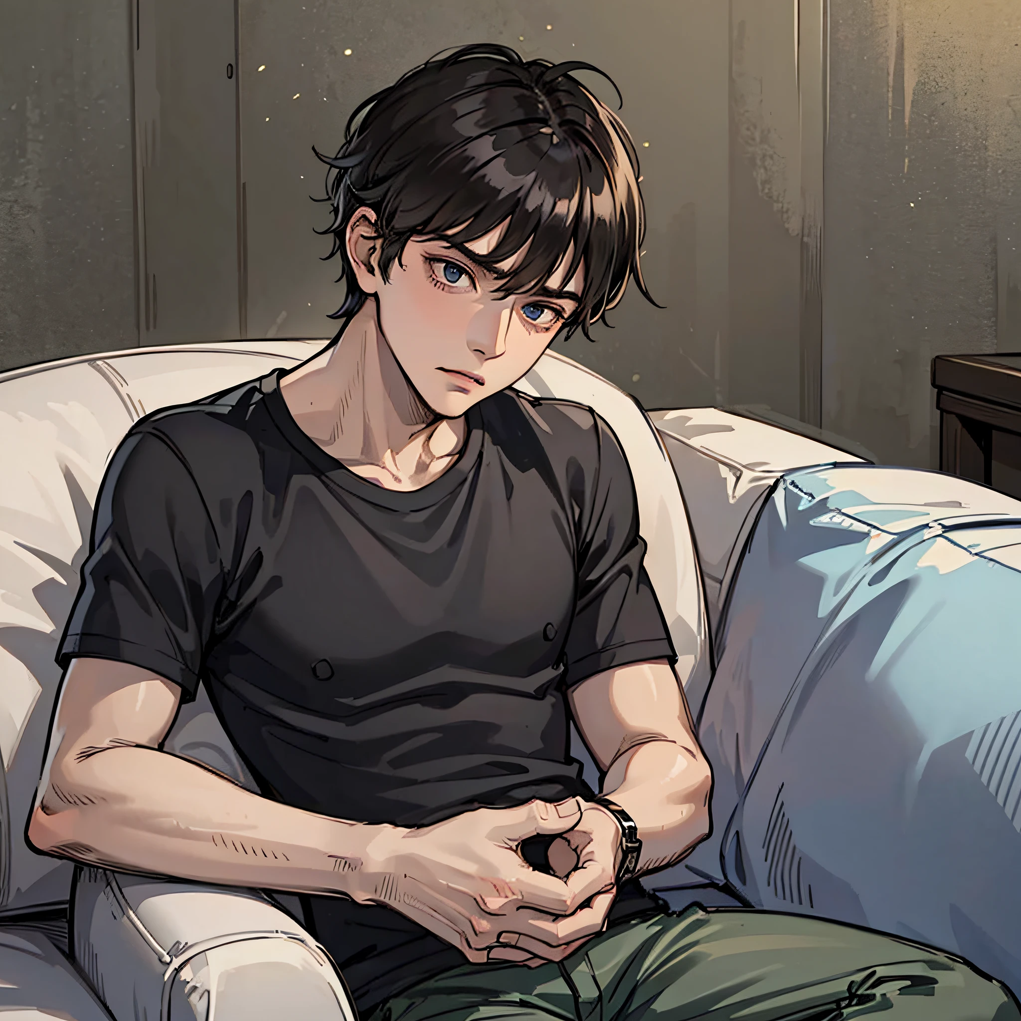 A young man in black short sleeves, with a cold expression, slumped on the sofa, looked up at the camera, and was in the room
