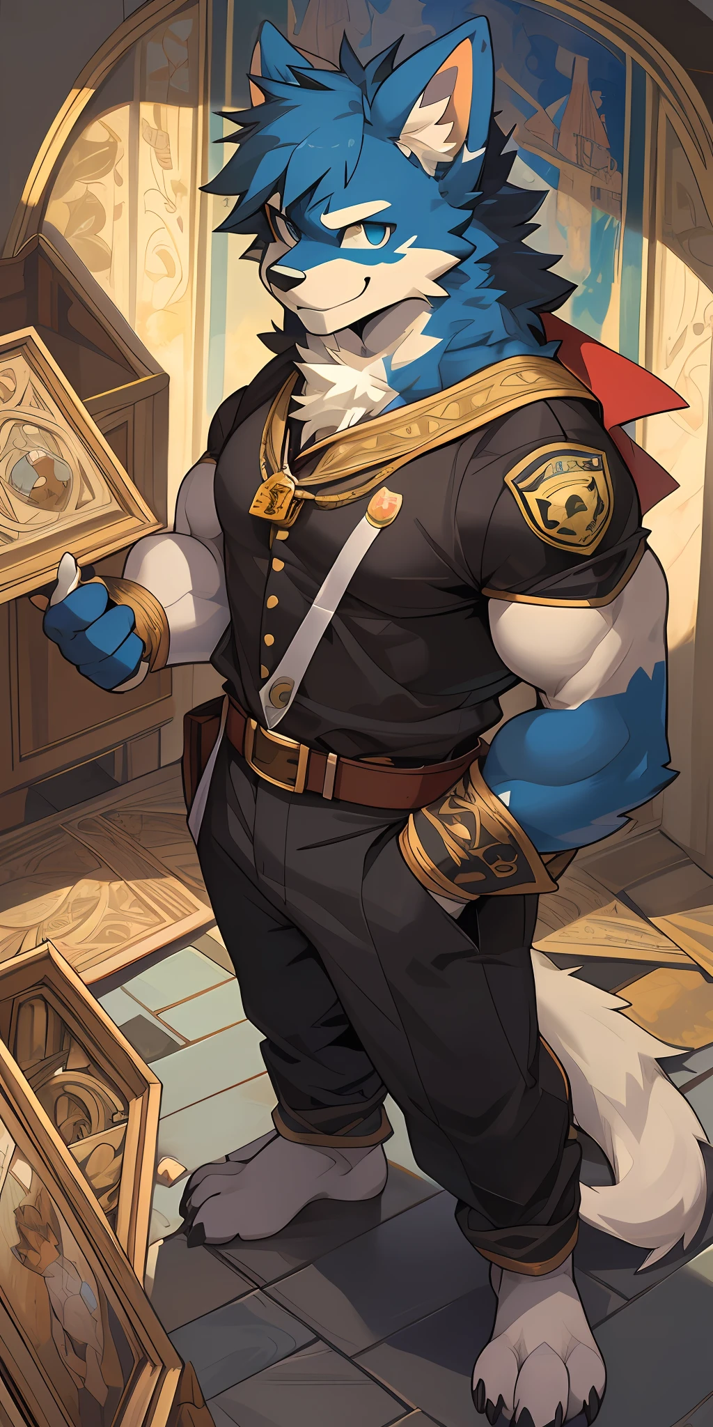 top quality, best quality, High-quality illustrations by Michelangelo, by Johannes Vermeer, masterpiece, super high resolution, detailed background, kaleidoscope(highly detailed beautiful face and eyes)absurdres, perfect anatomy(handsome 1boy, kemono, solo focus, lawyer, muscle man, suit)(furry)(furry anthro:1.7)(Furry body, dog facial features, dog body features)(very detailed body fur)full body, extending arm to point, shining lawyer's badge, confident expression,