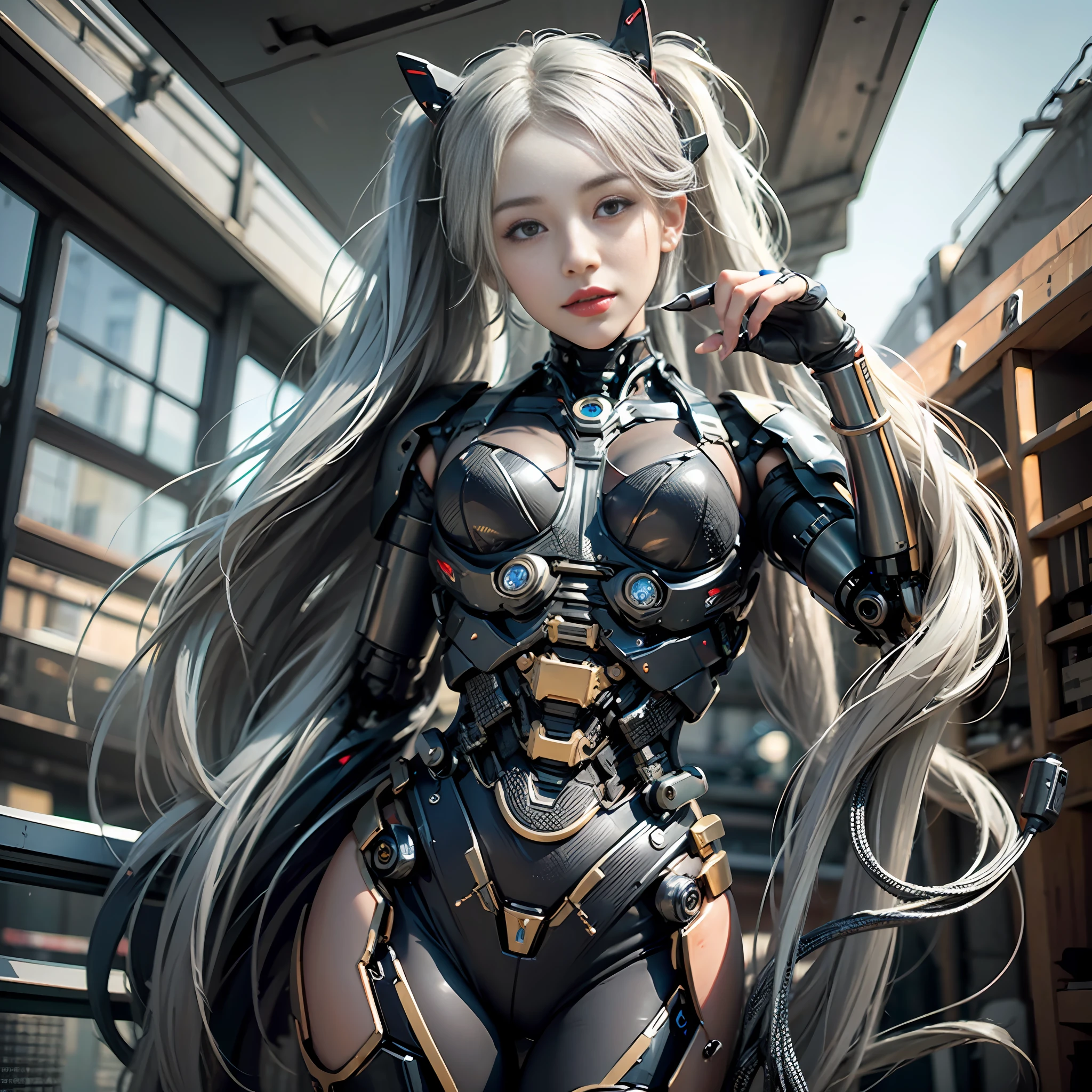 Beautiful Face,face is Japan, 1 Woman, Big, Curvaceous, (16k, RAW photo, top quality, masterpiece: 1.2), (HDR, Realistic, Photorealistic: 1.37) (tube attached to the body), (Bikini Cyborg robot parts)))), (light gray hair), Long hair, Wavy hair, Twin tails, Medium shot, ( Seductive smile)), (black eyes), double eyelids, princess cut, from below, (whole body),posing,,in the lab,( tube connected to blood vessel),((mechanical vertebrae attached to the back)),((mechanical neck attached to the neck)),(wire and cable attached to head and body),(character focus),science fiction,perfect female figure,perfect anatomy, hyperanatomy, full body shot, relationship between up to 4 fingers and 1 thumb, spherical joint,