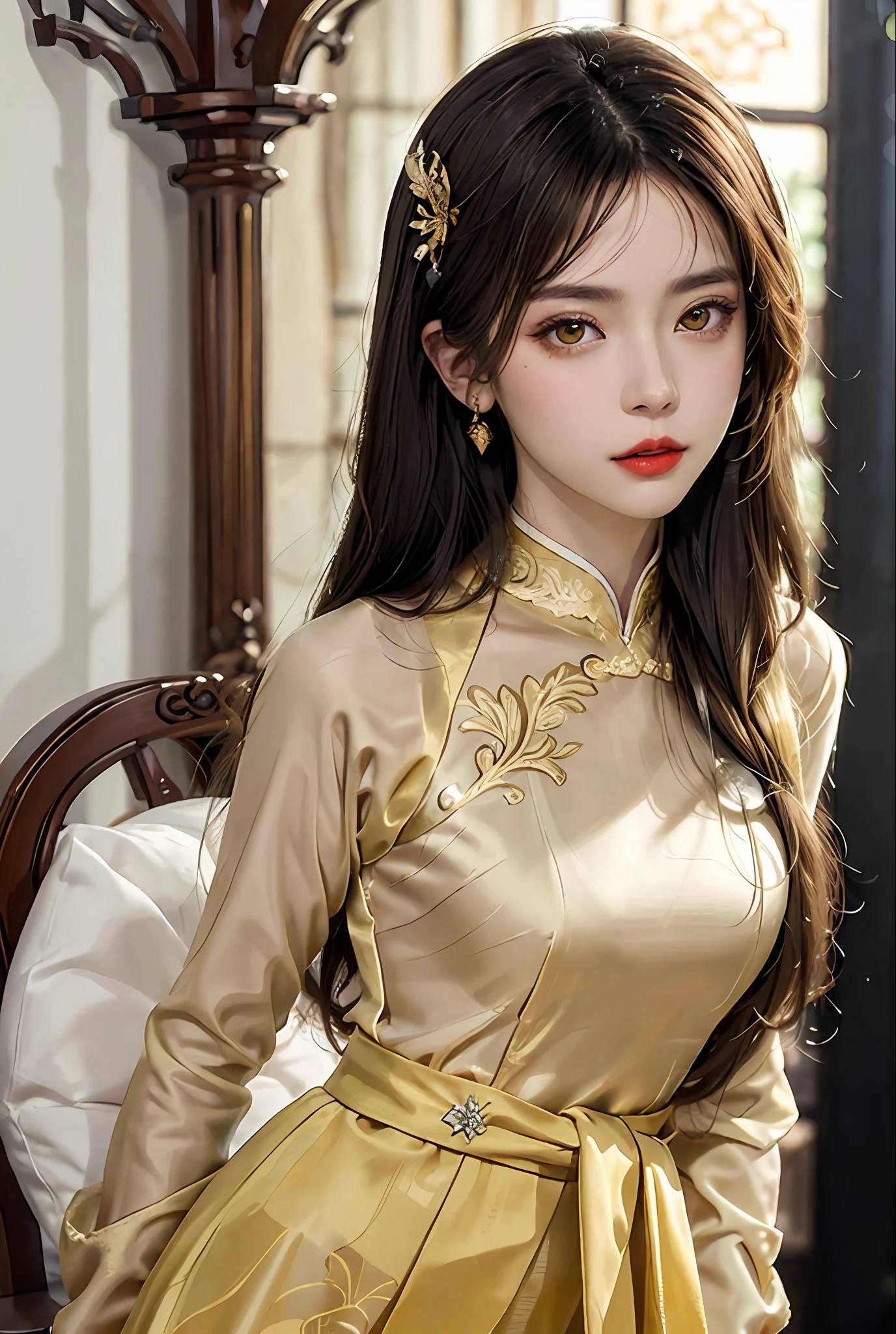 (masterpiece, best quality, ultra detailed, ultra resolution, RAW photo, 16k), glamour portrait of a sexy goddess, ((cute face)), (radiant porcelain skin), (delicate make-up), in a silk golden and black laced (ao dai), (((intricate cloth details))), (jewel crown with intricate details), red lips, ((dark and mysterious zodiac background)), ((extremely detailed hair)), double bangs, curvy long hair, (light blonde dye), (transparent yellow eyes: 1.8), radiant mapping, physically based rendering, vivid colors, elegant art,
