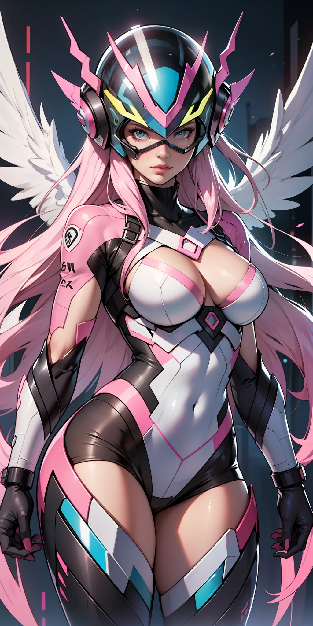 ((ultra high resolution 8k)) the most beautiful girl,the most beautiful of all, pink lips,Digimon\(Angewomon\), transparent fiber helmet, transparent blue helmet,sexy outfit,\(angewomon\),1girl,solo,large_breasts, cyberpunk, pastel colors,add effect at the end