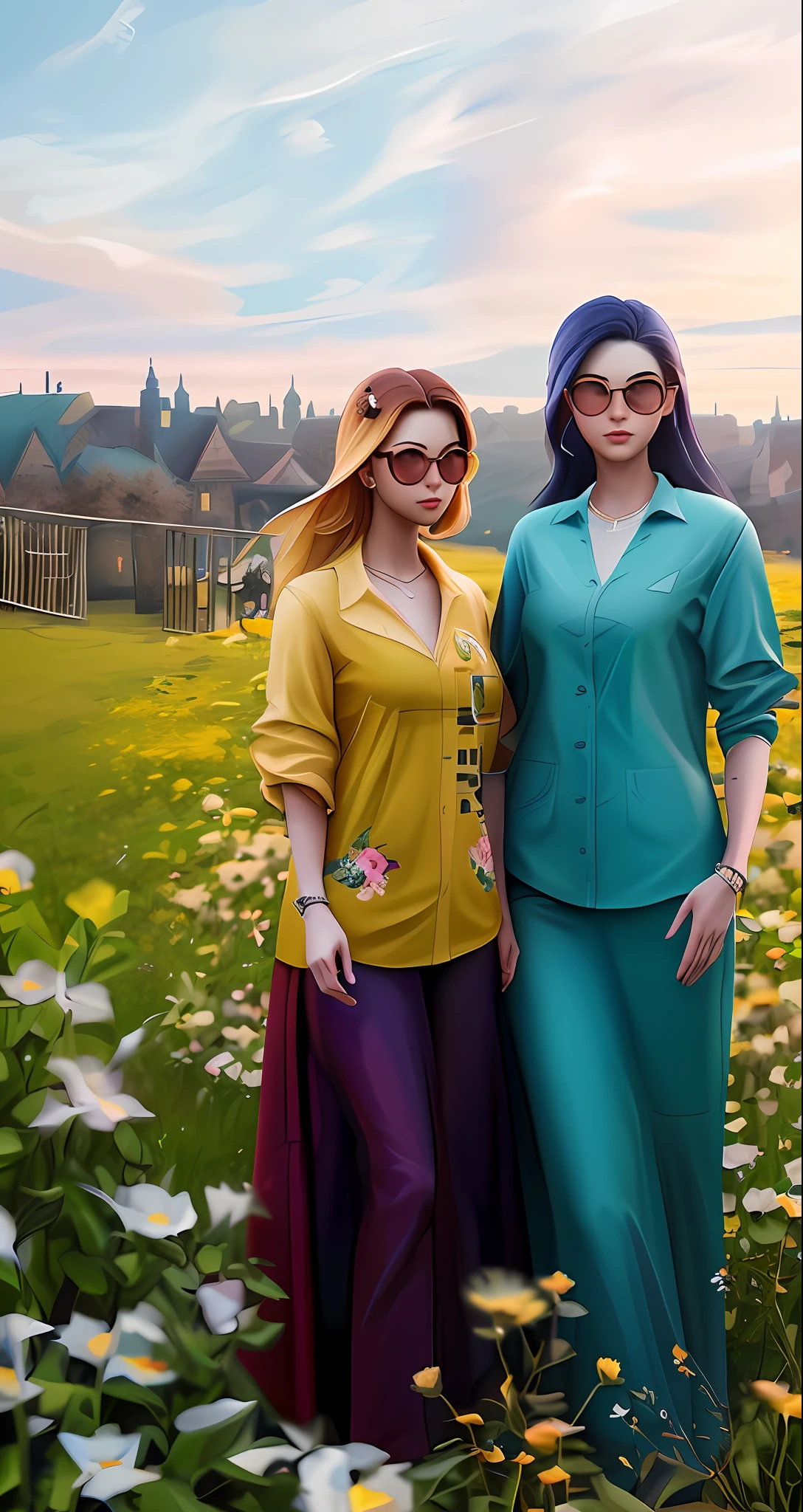 painting of two women standing in a field of flowers, inspired by Sim Sa-jeong, realism artstyle, game cg, realistic artstyle, realistic scene, inspired by Gang Se-hwang, trending on cgstation, realistic clothing, fashion gameplay screenshot, nixeu and sakimichan, photorealistic artstyle, digital art of an elegant, romance novel cover