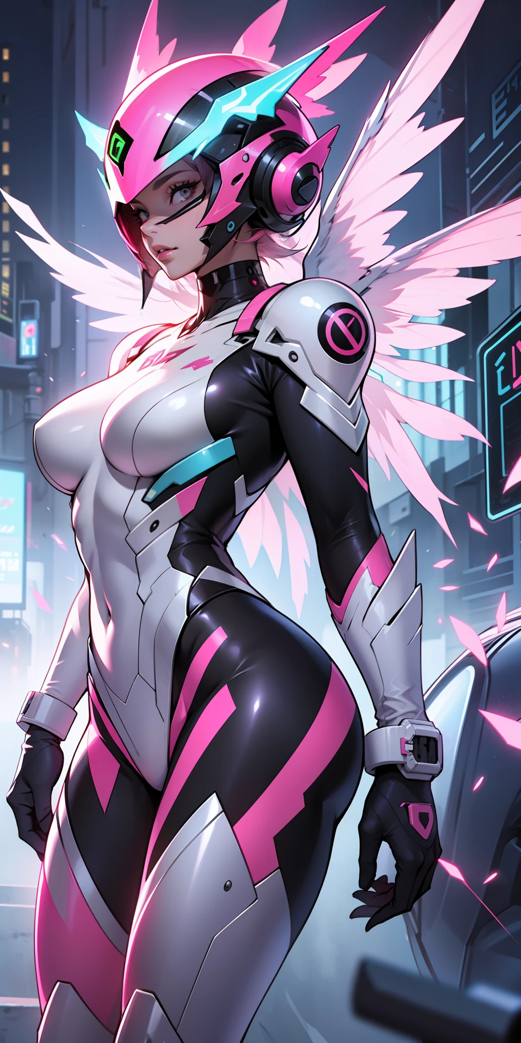 ((ultra high resolution 8k)) the most beautiful girl,the most beautiful of all, pink lips,Digimon\(Angewomon\), transparent fiber helmet, transparent blue helmet,sexy outfit,\(angewomon\),1girl,solo,large_breasts, cyberpunk, pastel colors,add effect at the end