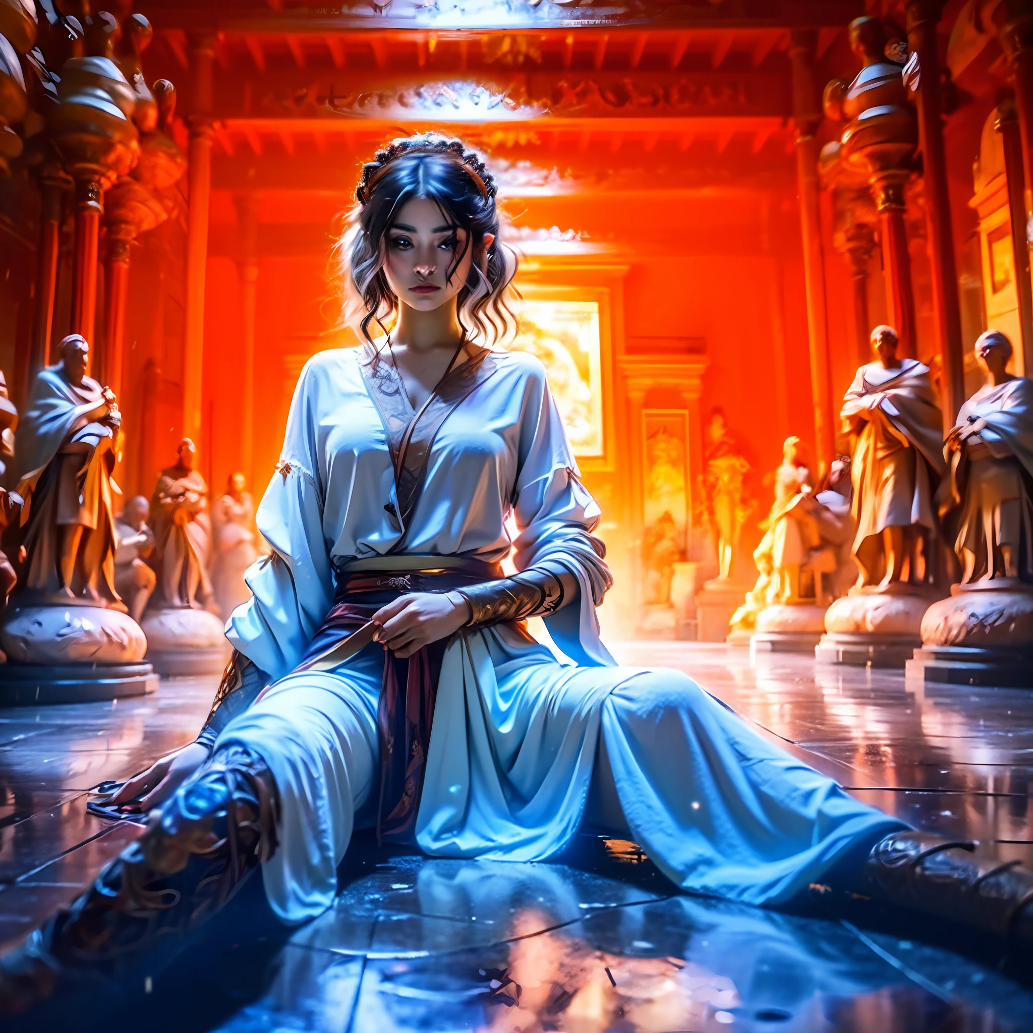 Exquisite painting style and high-quality live-action photography 8K) In the frontal dungeon, a Persian woman lies on the ground with her legs open, her face humiliated 1.3, rolling her eyes 1.3, her hair is messy, there is a dead on the ground, she wears loose clothes with clothing, unkempt,. Overall white theme, belly white liquid, --auto