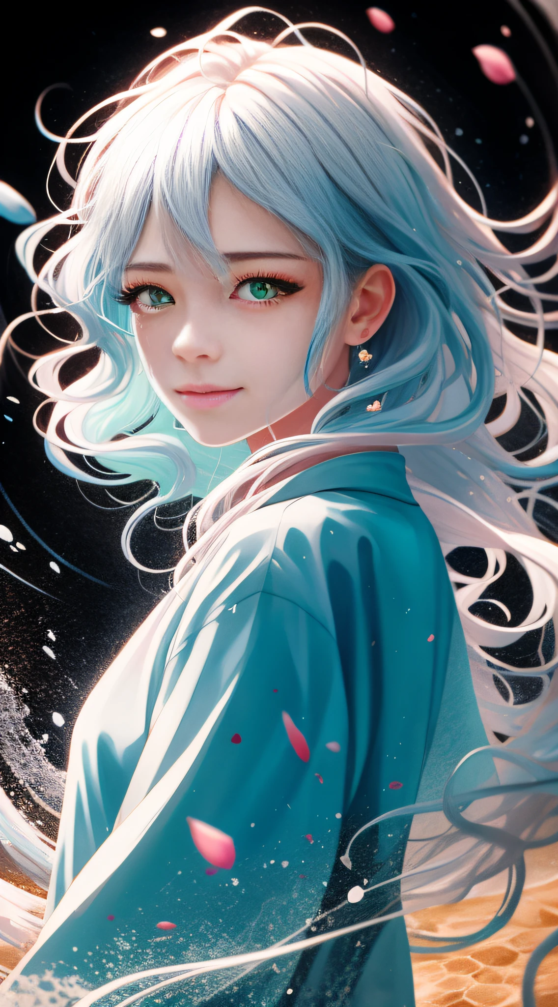 vivid color, hyper quality, vector graphics, flat color, blue theme, twirl, 2girl, sisters, face to face, face focus, looking at another, from side, detailed eyes, holding each other, upper body, spiral, spinning, ink, melting, blending, abstract, splash, hyper detailed, light blue hair, pink hair, white hair, very long hair, long locks, small breast, messy hair, iridescent eyes, green eyes, blue pupils, pink pupils, backlighting , sand, water, black background, dust, water splash, long sleeves , white clothes, splash, oversized clothes, crying, smile, sad, expressions, light particles, chromatic aberration, pink flower petal, limited palette, wavy hair, floating hair, disheveled hair, transparent background, hair background, teardrops, distorting hair, blending hair into background, caustics, no gravity, fisheye lens, vanishing point, continuous branch, branching hair, paint splatter,