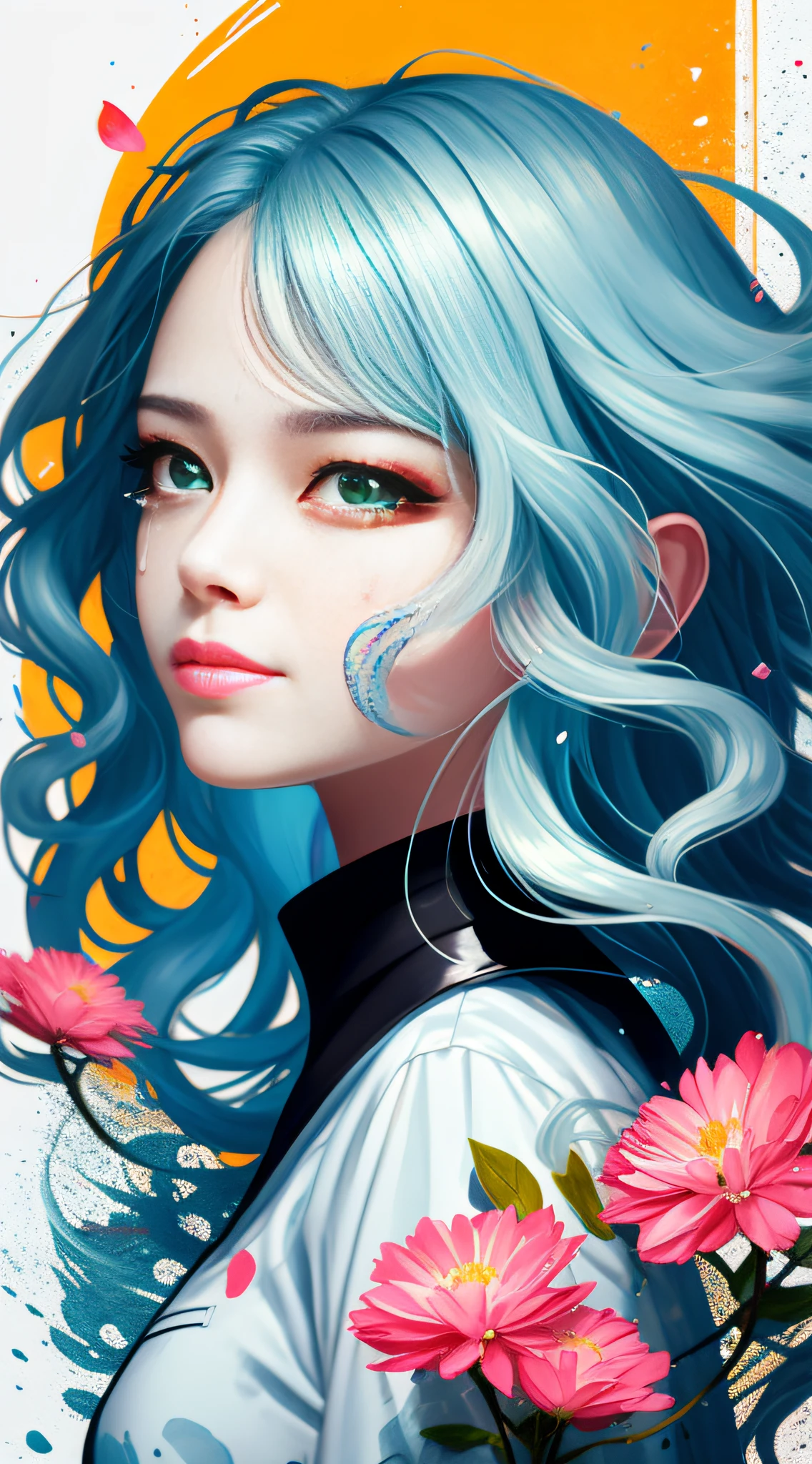 vivid color, hyper quality, vector graphics, flat color, blue theme, twirl, 2girl, sisters, face to face, face focus, looking at another, from side, detailed eyes, holding each other, upper body, spiral, spinning, ink, melting, blending, abstract, splash, hyper detailed, light blue hair, pink hair, white hair, very long hair, long locks, small breast, messy hair, iridescent eyes, green eyes, blue pupils, pink pupils, backlighting , sand, water, black background, dust, water splash, long sleeves , white clothes, splash, oversized clothes, crying, smile, sad, expressions, light particles, chromatic aberration, pink flower petal, limited palette, wavy hair, floating hair, disheveled hair, transparent background, hair background, teardrops, distorting hair, blending hair into background, caustics, no gravity, fisheye lens, vanishing point, continuous branch, branching hair, paint splatter,