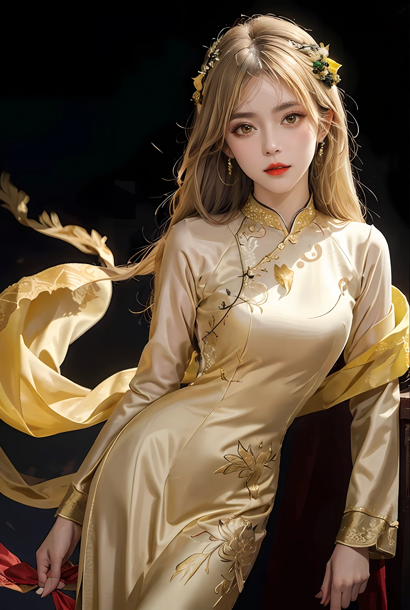 (masterpiece, best quality, ultra detailed, ultra resolution, RAW photo, 16k), glamour portrait of a sexy goddess, ((cute face)), (radiant porcelain skin), (delicate make-up), in a silk golden and black laced (ao dai), (((intricate cloth details))), (jewel crown with intricate details), red lips, (dark and mysterious night background: 1.5), ((extremely detailed hair)), double bangs, curvy long hair, (light blonde dye), (transparent yellow eyes: 1.8), radiant mapping, physically based rendering, vivid colors, elegant art,