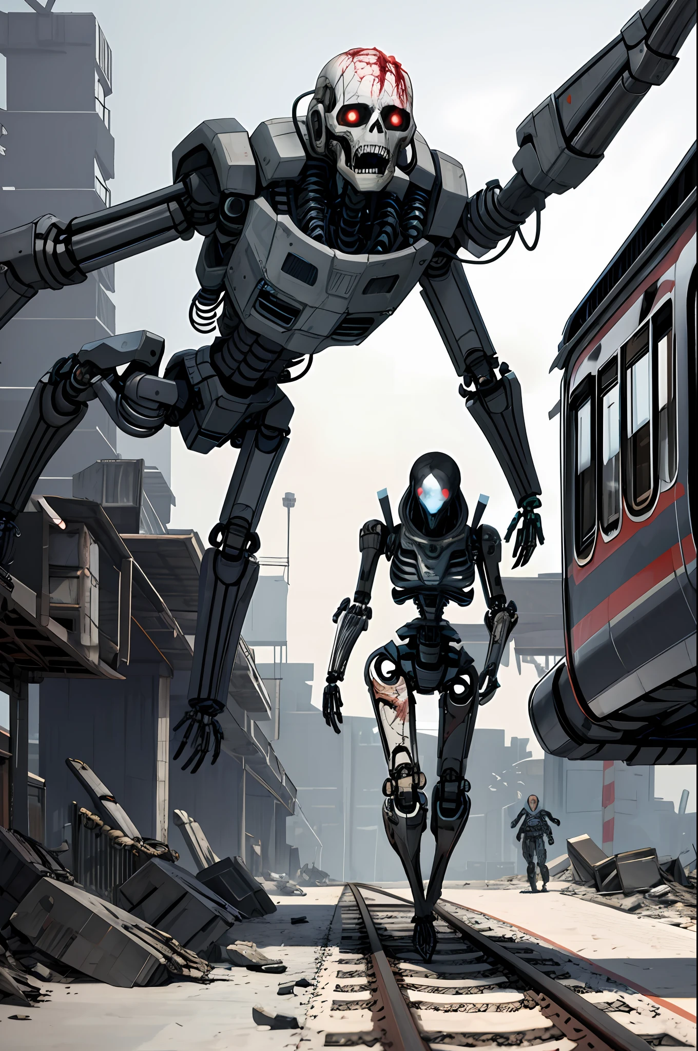 Woman with robotic parts running on top of train roof while being attacked by drones, high_resolution, distinct_image, bionic_alien, giger, viscera, post-apocalypse, peeled flesh, guro, broken creature, deadman, horror, terror, dark aspects