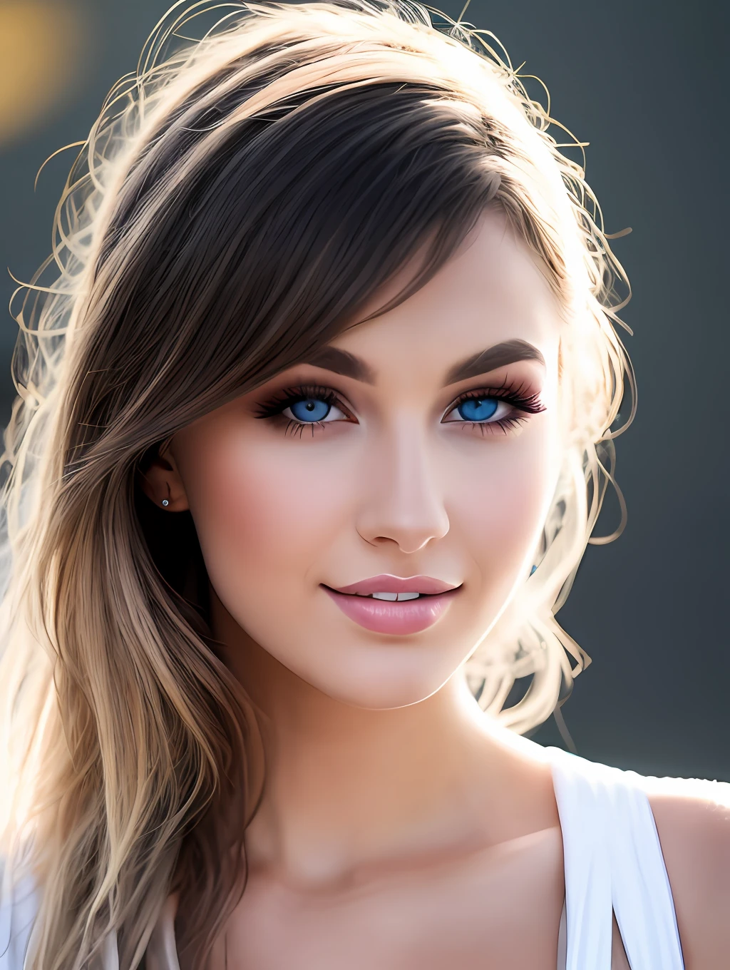 fashion model 25 years old, [[[[closeup]]]], [[[[chest]]]], [[[[neck]]]], [[[[shoulders]]]], perfect eyes, perfect iris, perfect lips, perfect teeth, perfect skin, soft front light, glow, HDR, (muted colors:1.2) in the style of Fadil Berisha