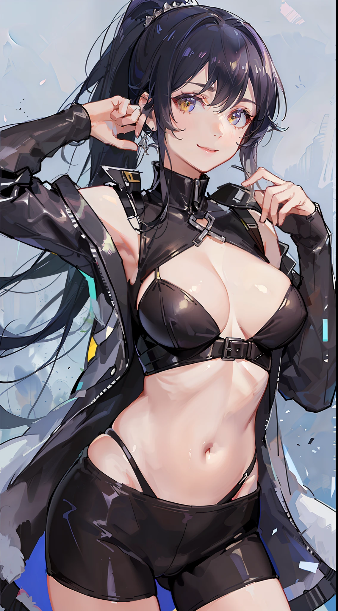 Young black girl, long purple hair, high ponytail, yellow eyes, white leather jacket, open belly, smile, open breasts, masterpiece, high quality