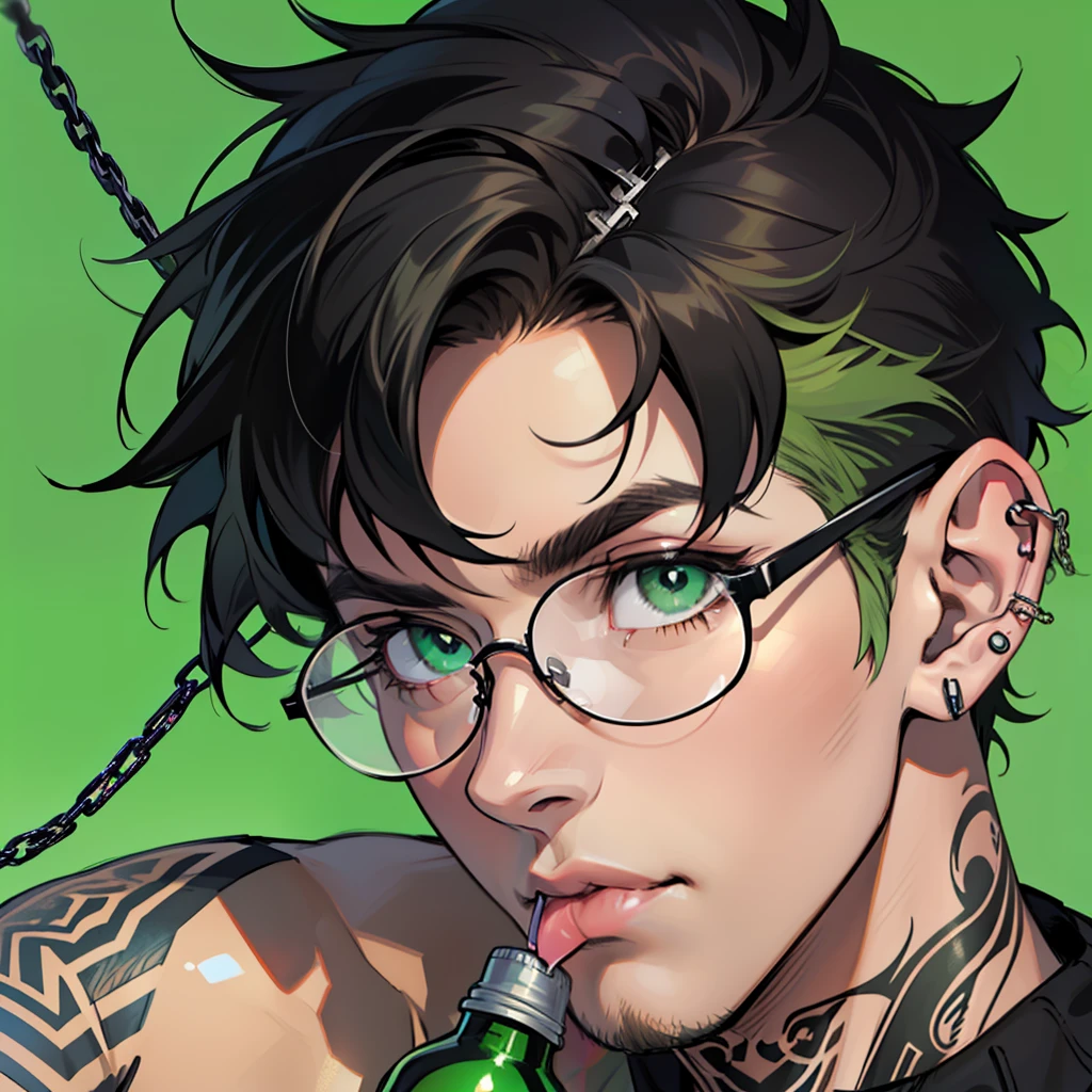 ((masterpiece)), ((best quality)), ((anime profile style)), 18 year old boy, ((light green eyes)), ((perfect)), ((glasses)), eyebrow, nose, ear, ((ear piercing)), mouth, ((short black hair messed up)), neck, shoulders, arms, ((tattoo on arm)), ((patterned sweatshirt)), (chain), ( (random background bottle colors))