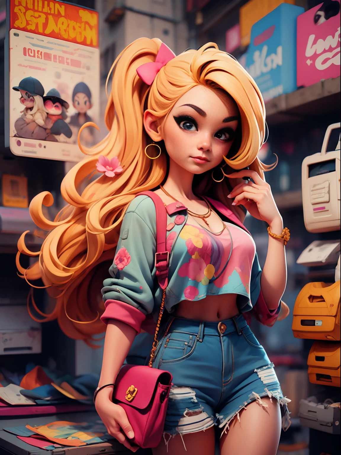 a cartoon girl with long blonde hair holding a purse, a character portrait by Lisa Frank, deviantart contest winner, pop surrealism, official art, contest winner, concept art