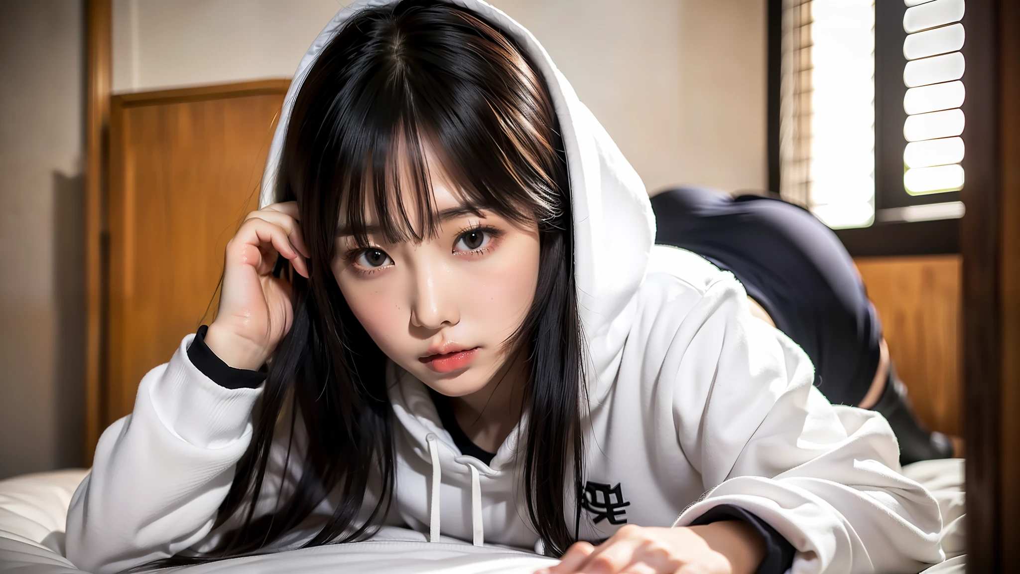 35 years old, beautiful Japan woman, black hair, long hair, white big hoodie, sexy, black shorts, long hair, black hair, white bed, lying down, broad shoulders