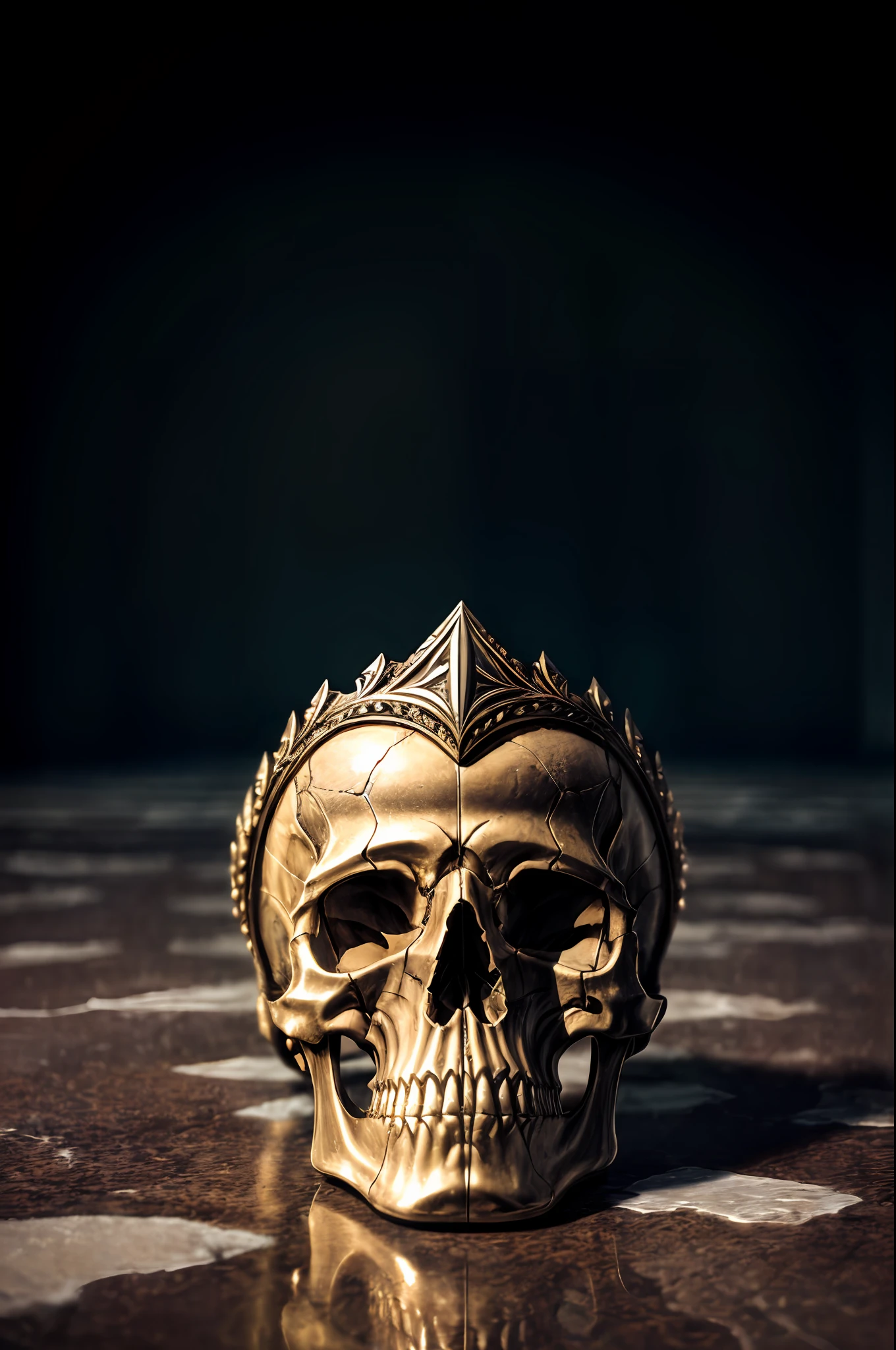 Masterpiece painting of a skull of a killed king, laying on the floor :: detailed regal crown, marble floor, detailed blood, :: amazing accent lighting :: mysterious, dark, highly detailed, intricate and vibrant line work :: + Trending on Artstation :: Incredible gothic illustration + Exquisite detail