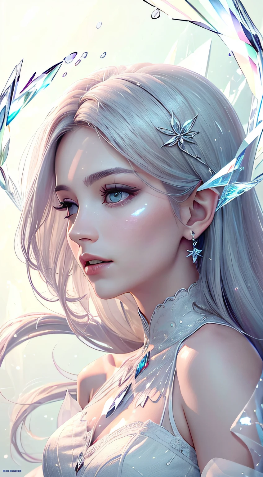 (Masterpiece, Top Quality, Best, Official Art, Beautiful and Aesthetic, Long Exposure: 1.2), Smooth Movement, Charming Patterns, 1 Girl, (Long Dress with Sleeves: 1.3), (((White Clothes) )), upper body close-up, bare shoulders, Chinese girl, blush, black lob hair, portrait, solo, upper body, looking at the observer, detailed background, detailed face, (crystallineAI, crystalline theme:1.1), elemental wind elves, rotation Wind, control the wind, white crystal clothing, dynamic pose, floating particles, ethereal dynamics, whirlwind, vapor, whirlwind in the background, white tone, whirlwind, ethereal atmosphere,