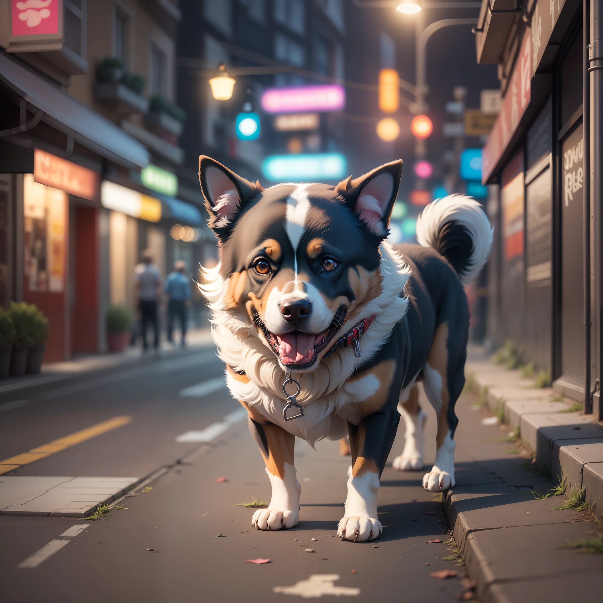 A syberpunk dog in syberpunk street;unreal lighting;on ground some neon lights