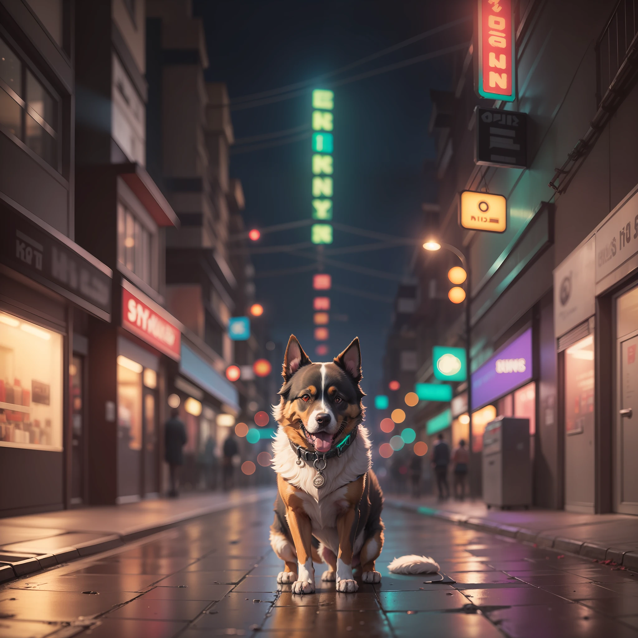 A syberpunk dog in syberpunk street;unreal lighting;on ground some neon lights