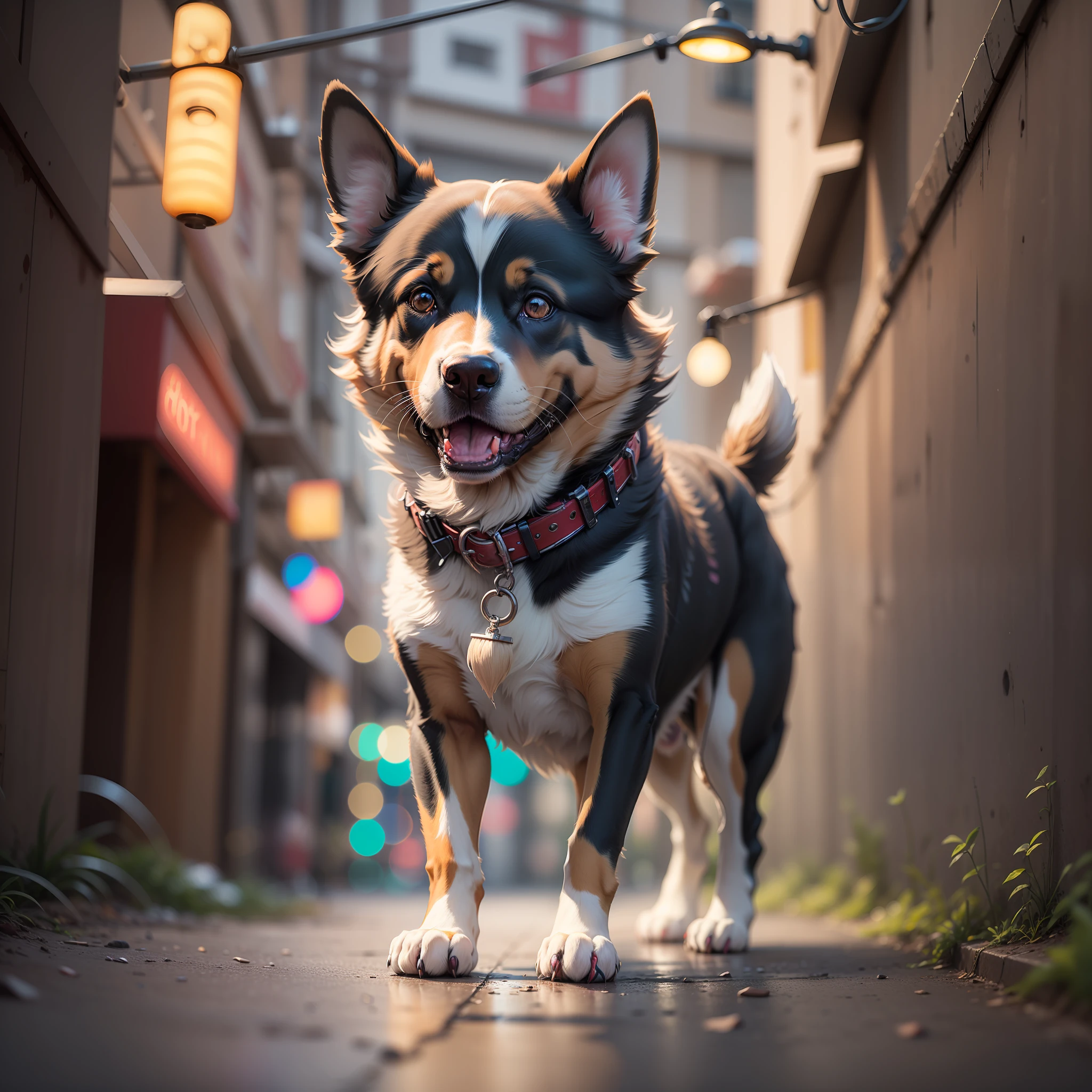 A syberpunk dog in syberpunk street;unreal lighting;on ground some neon lights