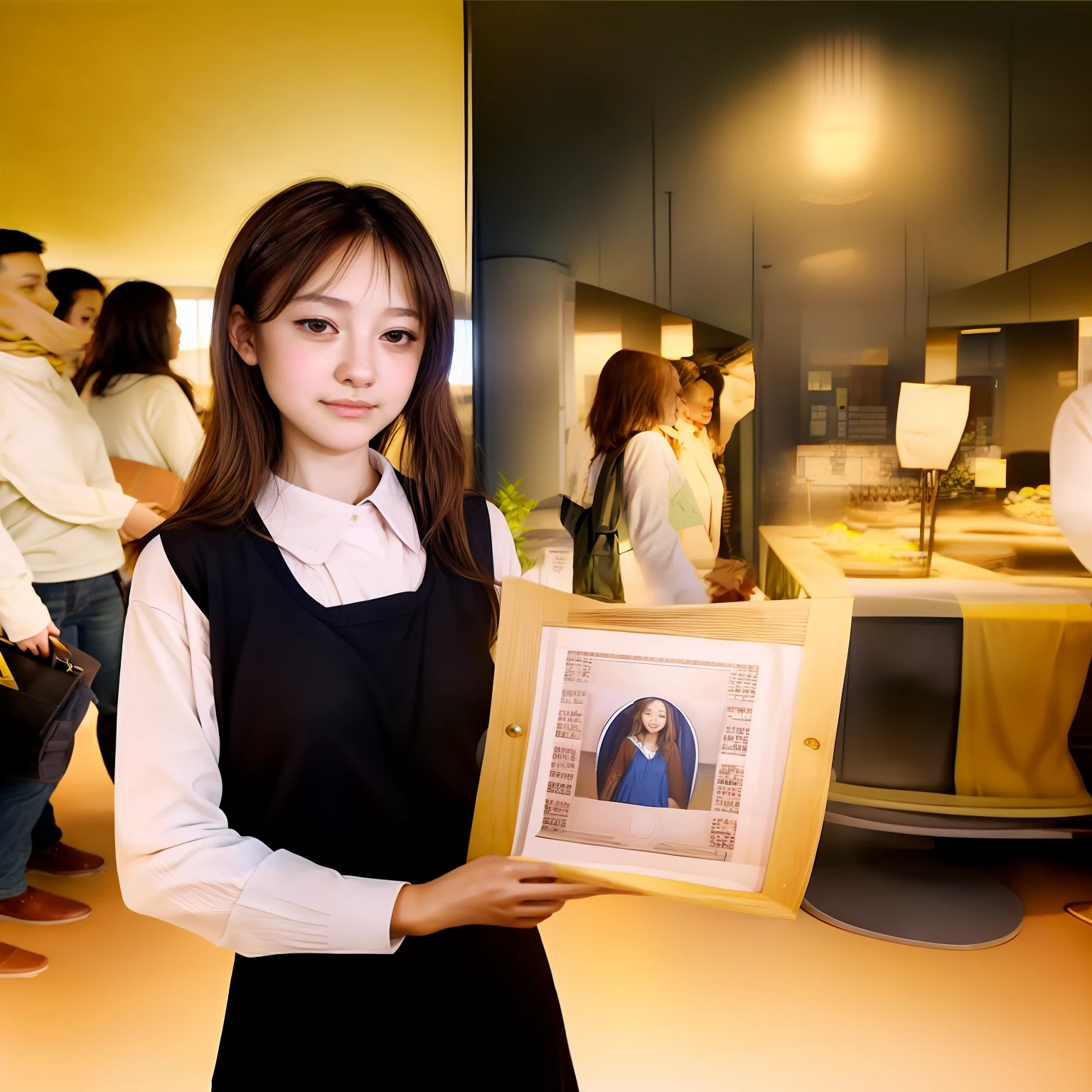 A High resolution Photo, In Tokyo, a socially awkward and loney a high-teen, lonely individual Japanese Girl, while smiling, presents a Painting individual Japanese Girl, while smiling, presents a Painting of the Last supper with digitalize Math graph interface add-on in The Picture, Behind the girl, there is the art gallery where a celebrity with Camera and Tv-cluies, and a group of similarly happy individuals photographing the celebrity.