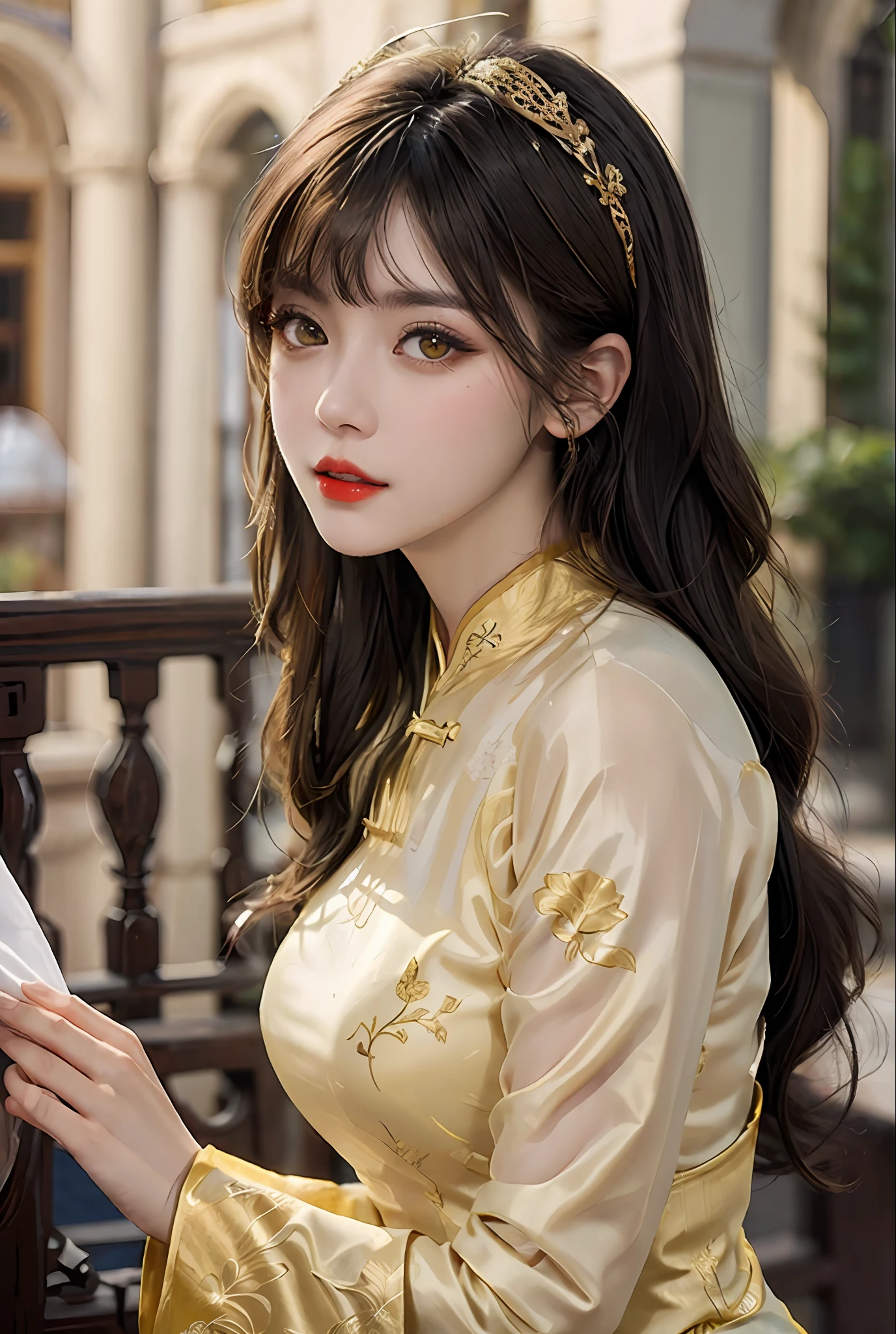 (masterpiece, best quality, ultra detailed, ultra resolution, RAW photo, 16k), glamour portrait of a sexy goddess, ((cute face)), (radiant porcelain skin), (delicate make-up), in a silk golden and black laced (ao dai), (((intricate cloth details))), (jewel crown with intricate details), red lips, (dark and mysterious night background: 1.5), ((extremely detailed hair)), double bangs, curvy long hair, (light blonde dye), (transparent yellow eyes: 1.8), radiant mapping, physically based rendering, vivid colors, elegant art,