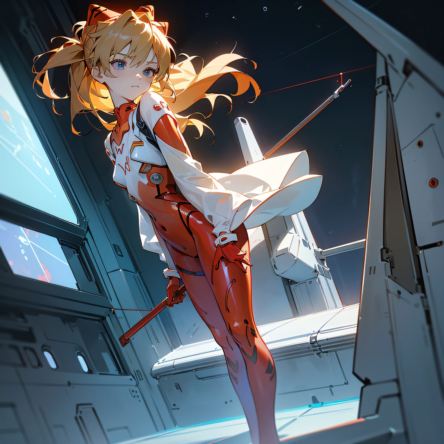 (Top view), Dynamic angle, Ultra detailed, Illustration, Close up, Straight Straight, 1 Girl,
 ((souryuu Asuka Lanley, interface headphones, red tights: 1.4, blonde)), her eyes shine like dreamy stars, (glowing eyes: 1.233), (beautiful and delicate eyes: 1.1), (expressionless, mouth closed), (standing),
(mechanical room with tools and spaceship windows in the white spaceship),
(night: 1.2), dreamy, [[slender fingers and hands: 0.55]::0.85], (detail fingers), --auto