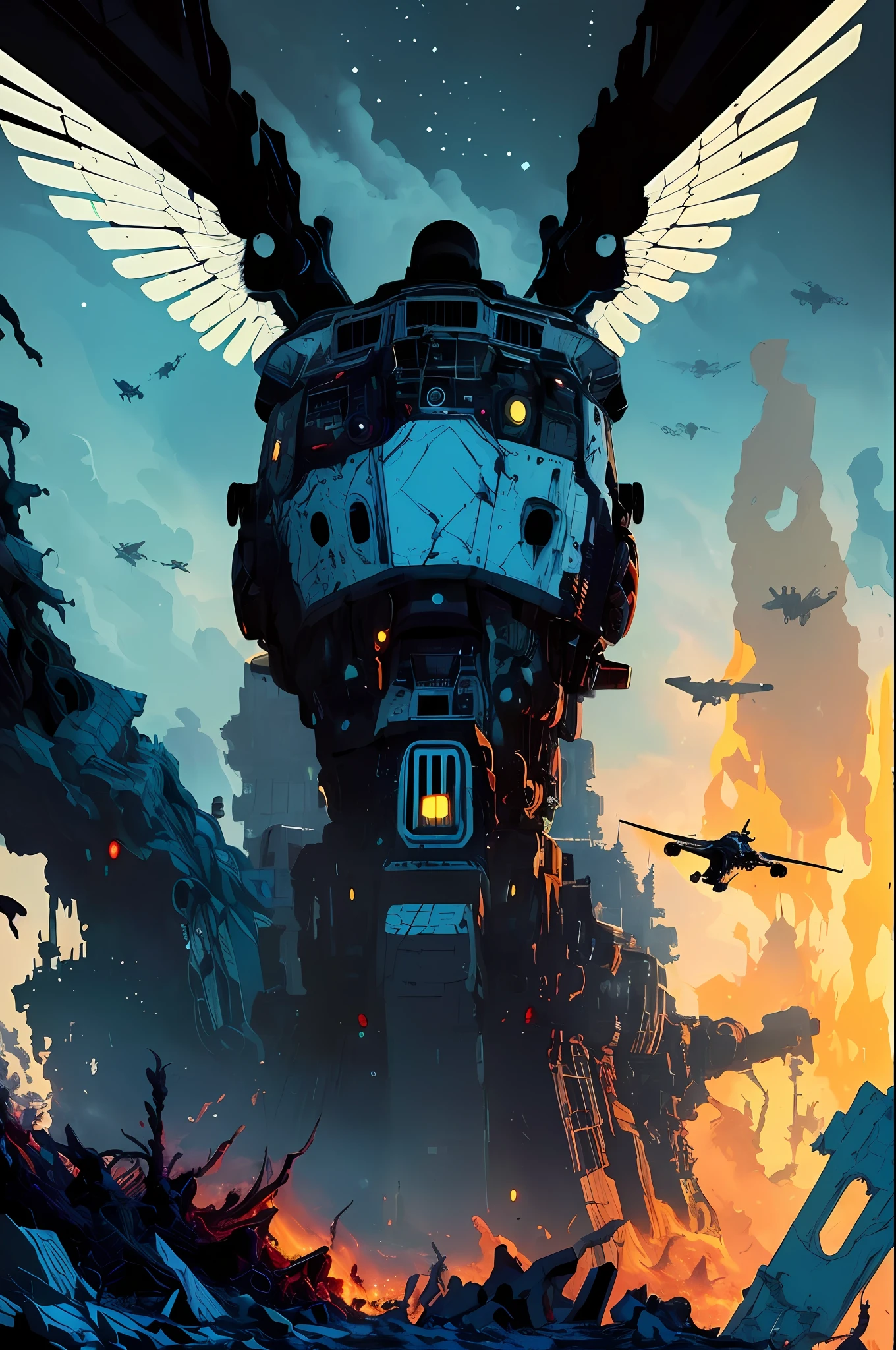 Black dread-haired angel with robotic parts and metallic wings watching wreckage of military ship that was shot down, war, horror, cosmic terror, dark tones, morbid atmosphere, blood,Apocalypse, Robot, by Kilian Eng