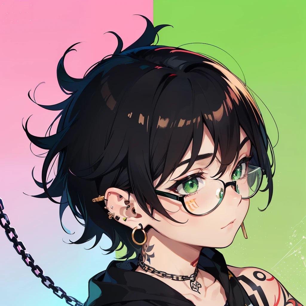 ((masterpiece)), ((best quality)), ((anime profile style)), 18 year old boy, ((light green eyes)), ((perfect)), ((glasses)), eyebrow, nose, ear, ((ear piercing)), mouth, ((short black hair messed up)), neck, shoulders, arms, ((tattoo on arm)), ((patterned sweatshirt)), (chain), ( (random background bottle colors))