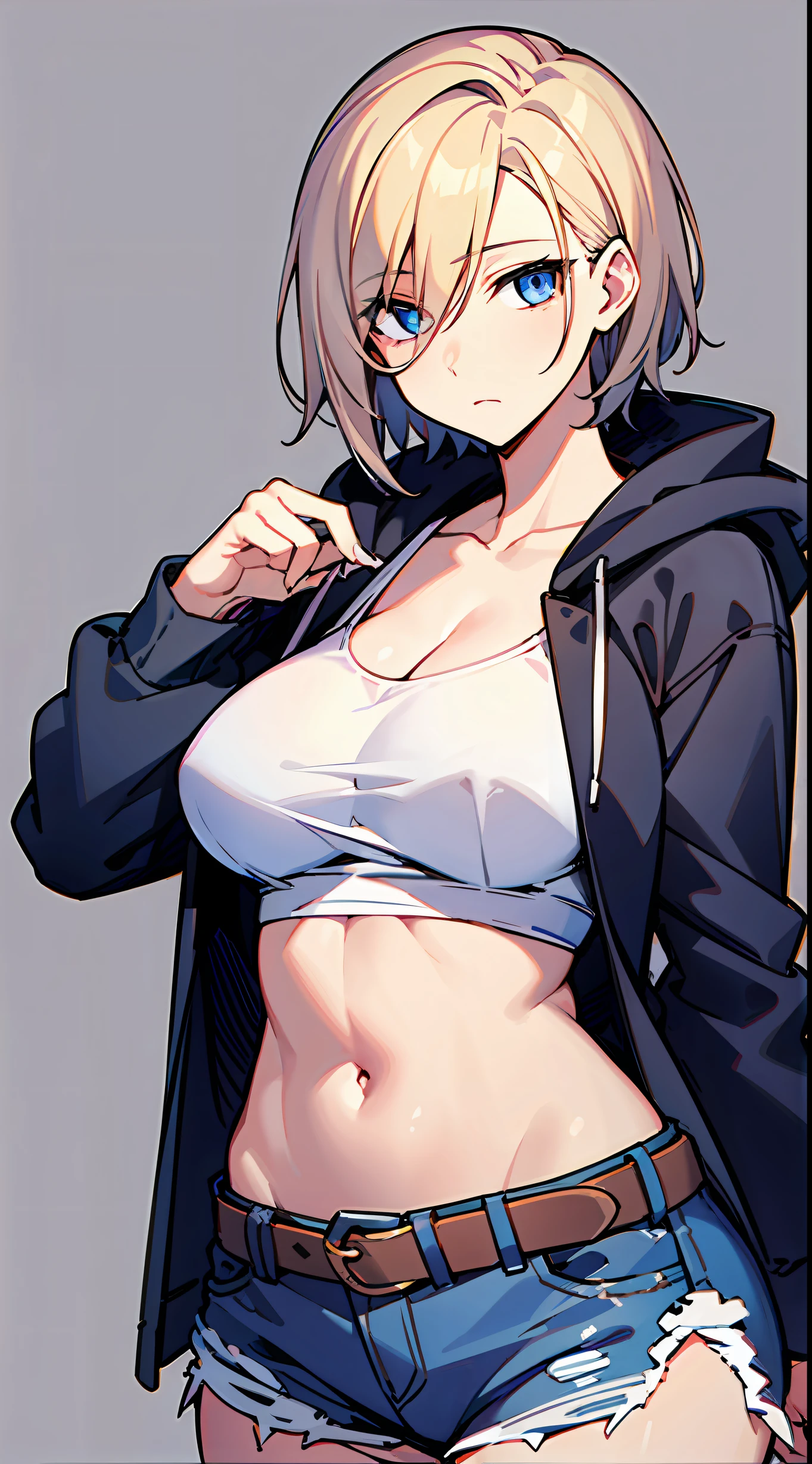 (masterpiece, best quality:1.3),
1manly woman, cool, (expressionless:1.5), navy Blue eyes, (empty eye1.5), (slit eyes:1.5),  short hair, (spiked hair:0.8), hair between eyes, bangs, big breast, big hip,
 white skin, light blonde,  (long nose:1.2), 
(open hoodie, tank top, a belt, denim short:1.0)
 standing, manly pose, cowboy shot, (simple Background:1.3)
