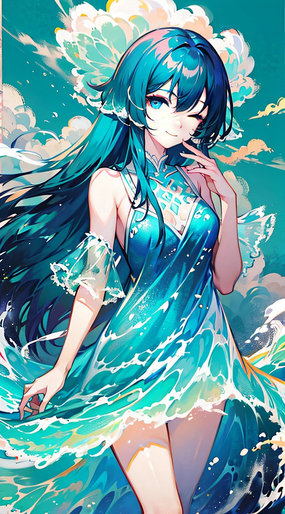 liquid clothes, 1girl, solo, long hair, dress, barefoot, blue hair, one eye closed, blue eyes, cloud, very long hair, sky print, blue dress, standing, sleeveless, looking at viewer, smile,