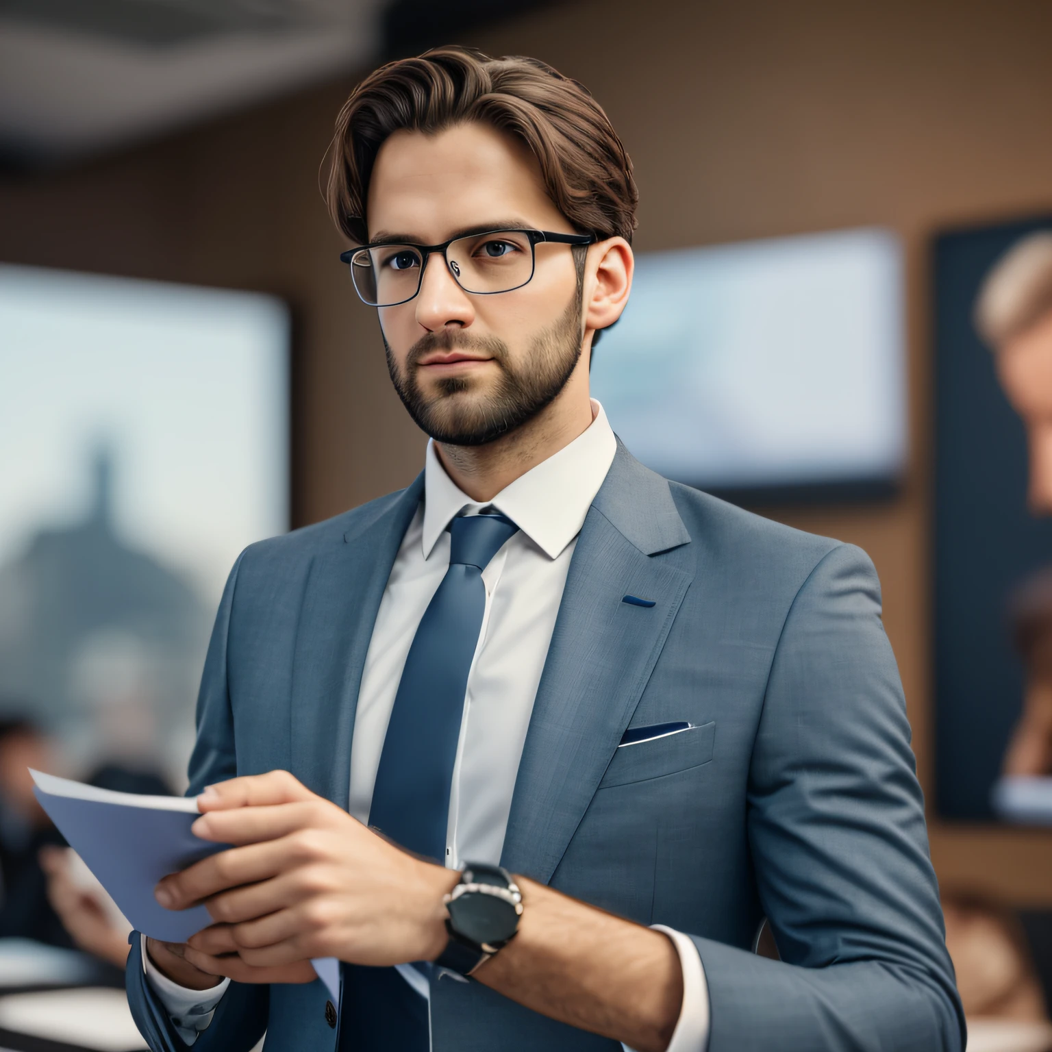 A 30-year-old man giving a presentation in a suit and tie, straight body and head in the photo, facing the viewer, eyes glued to the lens, shoulders and head appear in the photo, man in the middle photo, 8k, best quality, masterpiece, realistic, photo realistic, movie photo, surreal, 1 person, detail, perfect lighting, dsRL, professional photo, 4k