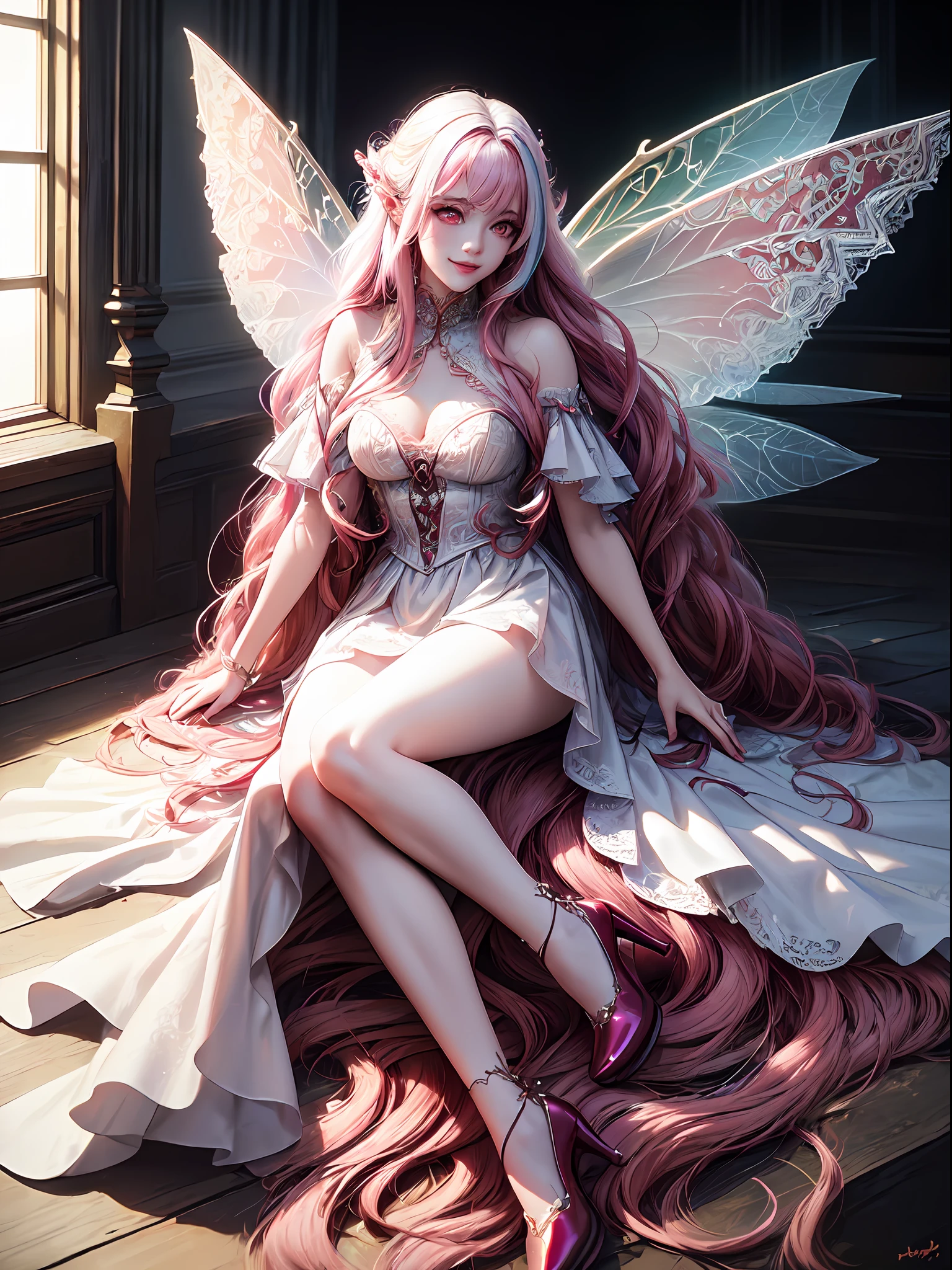 (masterpiece), (realistic), (best quality), (ultra-detailed), amazing, ((fairy of love, red eyes, lace wings, intricate fairy-tale outfit , shoes with hearts, very long white hair with pink strands, multicolored hair, dreamy smile)))), cinematic light, unusual angle and pose,