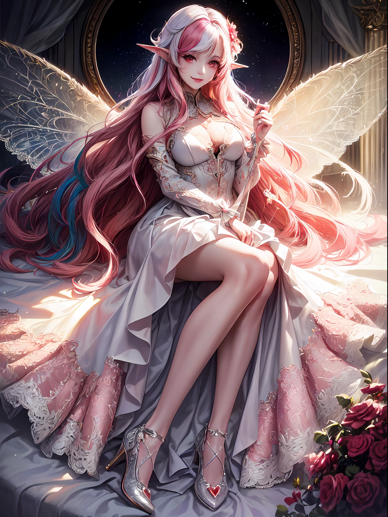 (masterpiece), (realistic), (best quality), (ultra-detailed), amazing, ((fairy of love, red eyes, lace wings, intricate fairy-tale outfit , shoes with hearts, very long white hair with pink strands, multicolored hair, dreamy smile)))), cinematic light, unusual angle and pose,