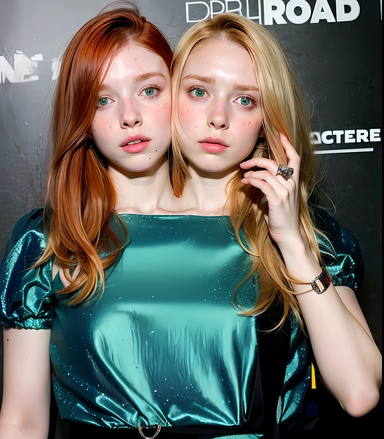 2heads, two headed girl, (one torso:1.5), pale skin, Scottish redhead, teenager, white girls, different ages, (two heads on one body:1.4), (first head uncomfortable:1.5), (second head unhappy:1.5) conjoined twins, heads side by side, one torso, young, uncomfortable, barefoot