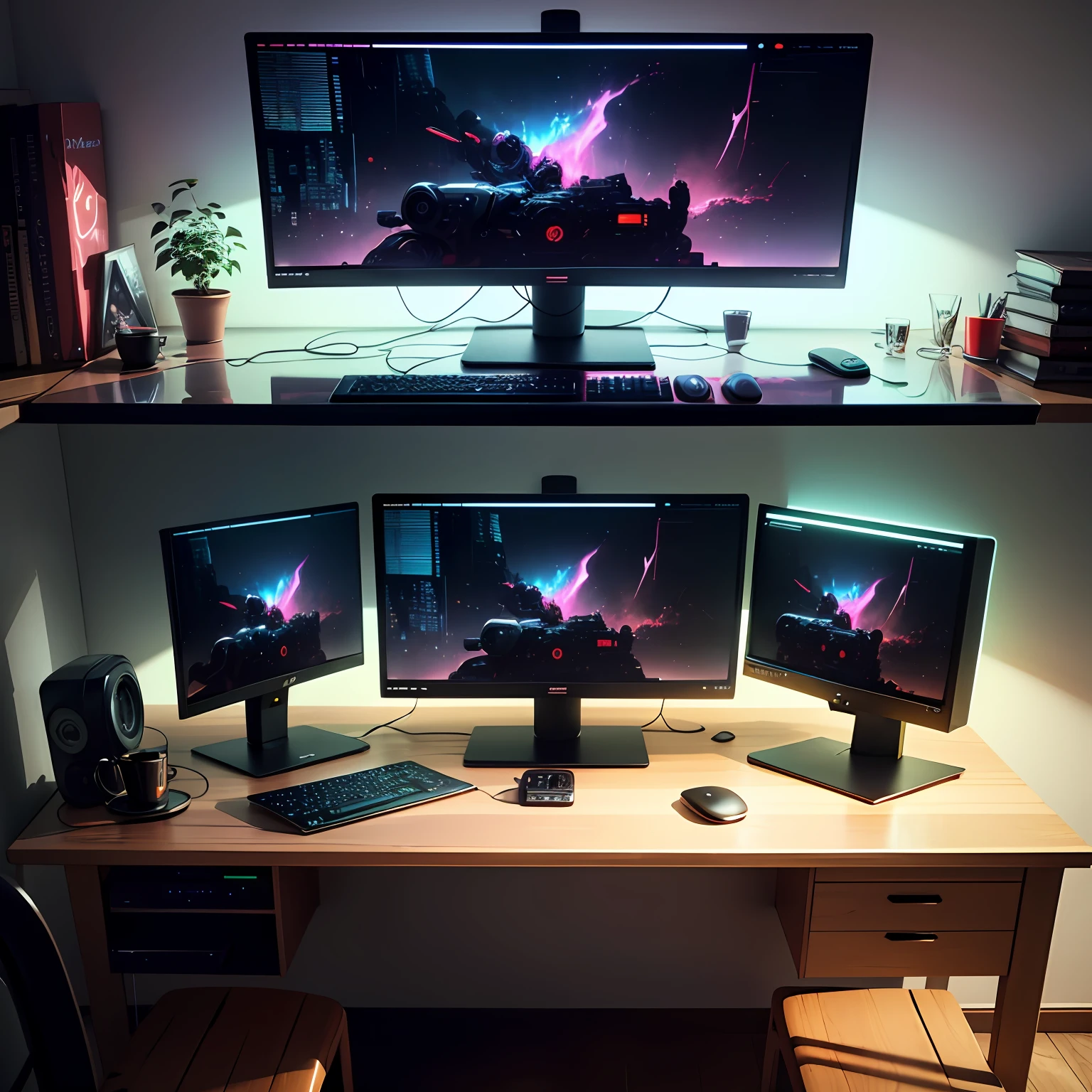 Futuristic and smart table made of black glass, with three monitors side by side. This table should be made of black glass and have three gaming monitors on it. Dark setting, cyberpunk.