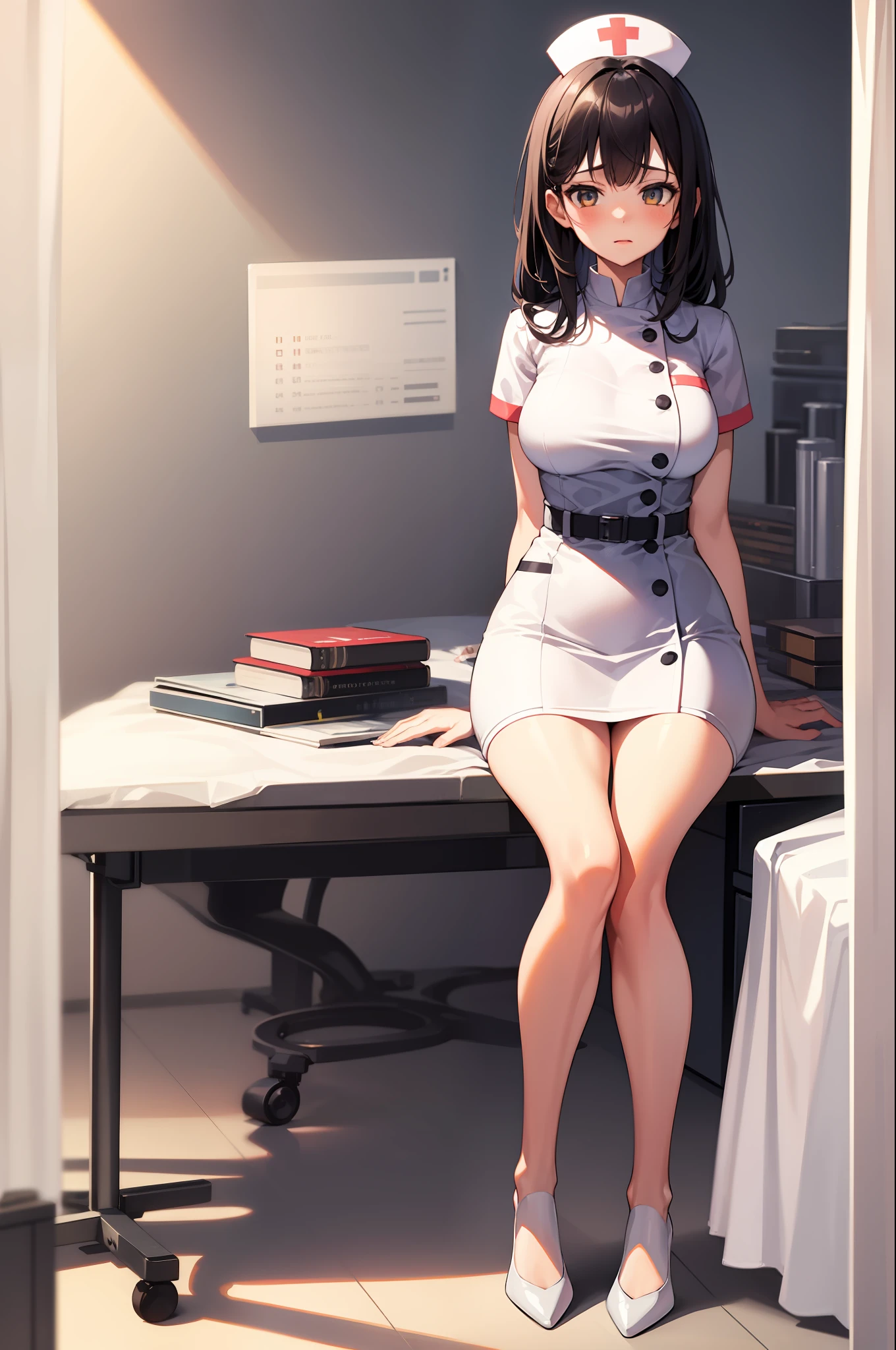 Infirmary, curtains, 1girl, full body, nurse, white dress, masterpiece, best quality, very detailed