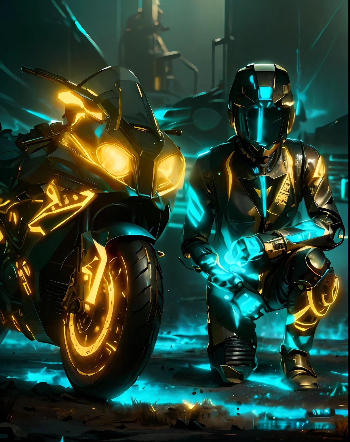 Black & Gold, Optimus Prime, (1 Mechanical Boy), Solo, (Futuristic Motorcycle), Underground Garage Background, Mecha Helmet, Robot, Glowing Mech, Glowing Helmet, ((Ultra-realistic Detail)), Portrait, Global Illumination, Shadow, Octane Rendering,8K, Super Sharp, Metallic, Complex, Decorative Detail, Cool Color, Egyptian Detail, Highly Intricate Detail, Realistic Light, Trending in CGSOCIETY, Neon Detail, Mechanical Limbs, Bloo