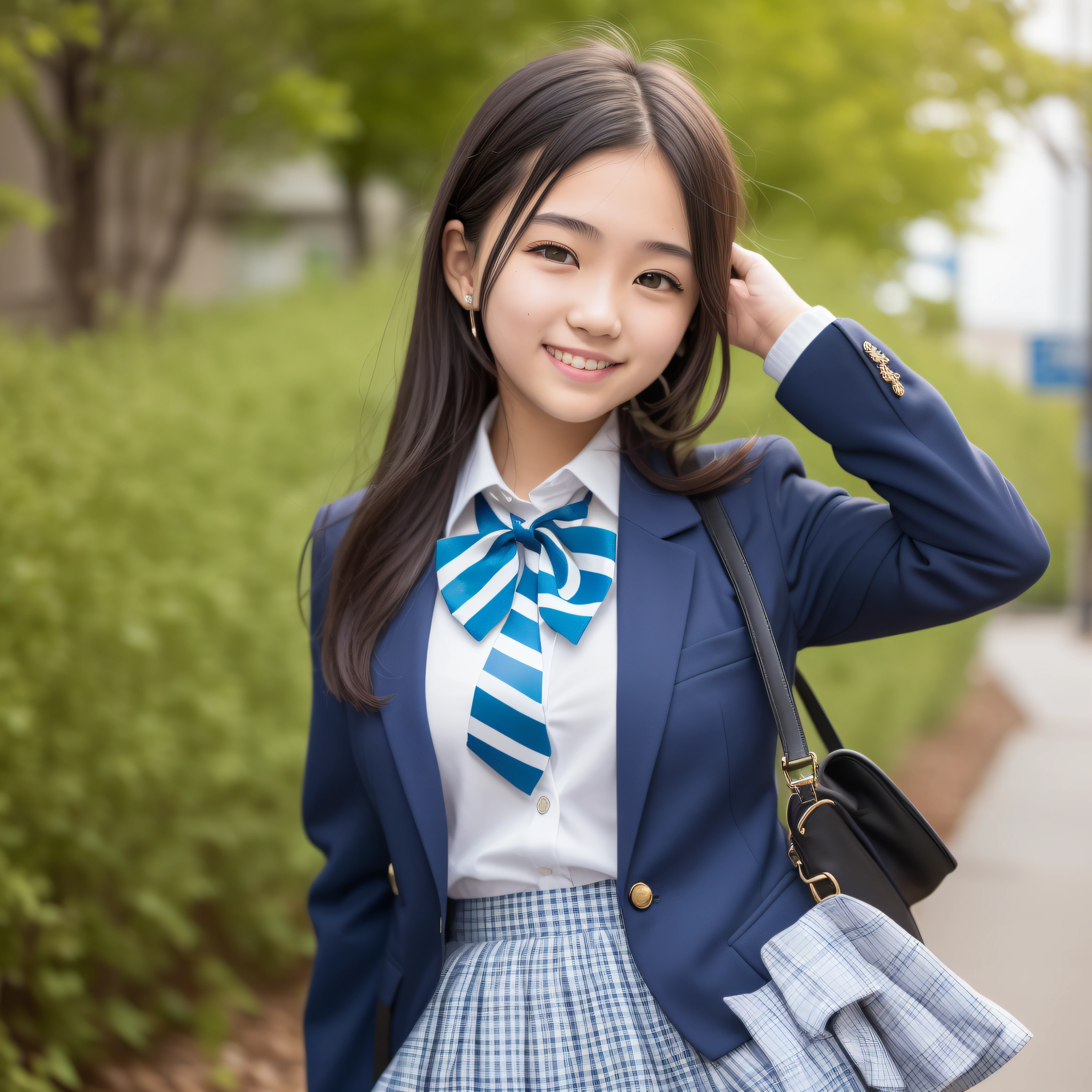 18 years old, girl, high school student, Japan uniform, dark blue blazer, white blouse, dark blue and white striped bow tie, park square, blue sky, green grass, cute smile, black hair, detailed photo, dark blue mini skirt