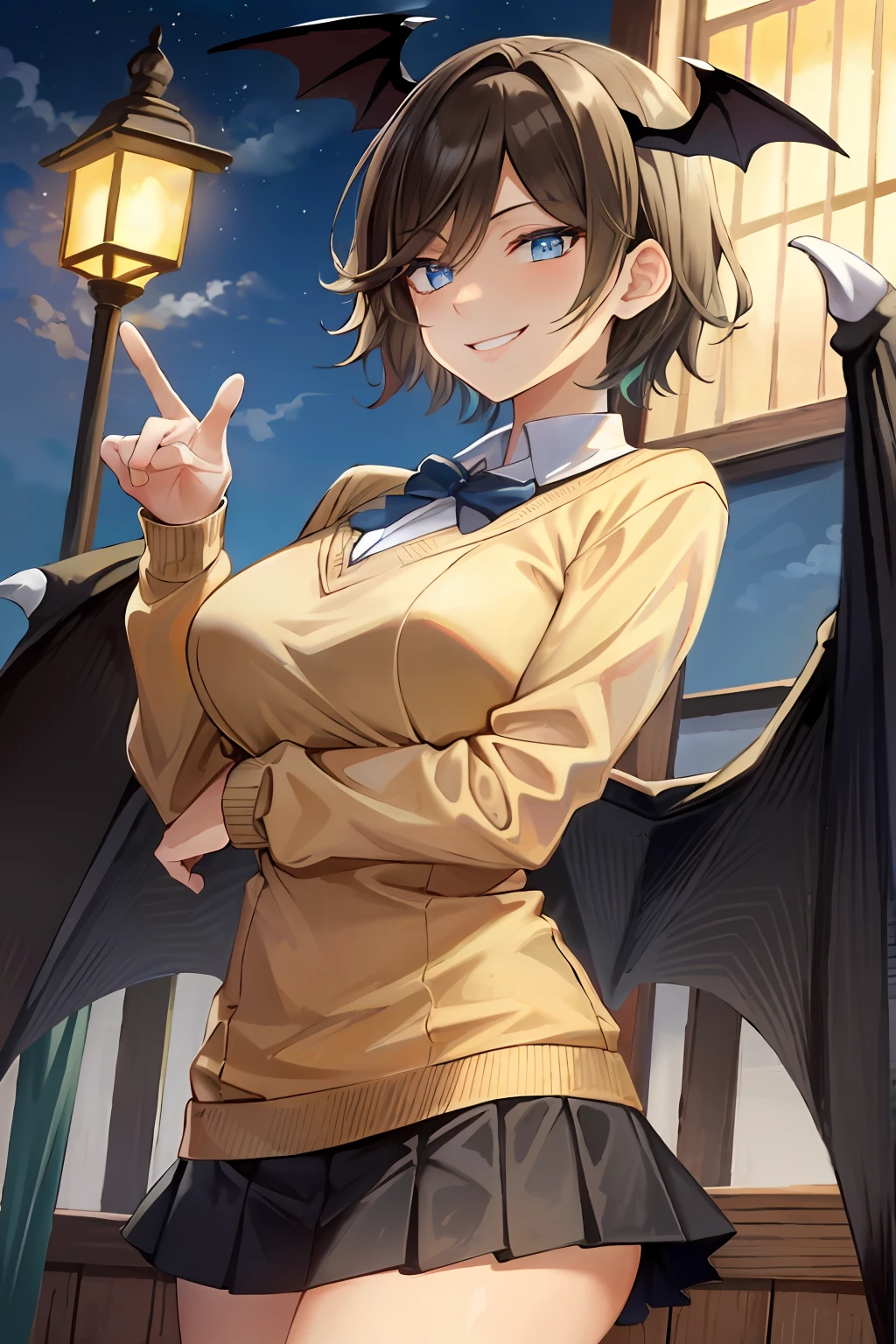 masterpiece, top quality, high resolution, masterpiece, adult woman, one, yellow long sleeve sweater, black pleated mini skirt, short hair, evil smile, black hair, bat wings, bad smile, evil plan, night classroom, school uniform, uniform, blue eyes